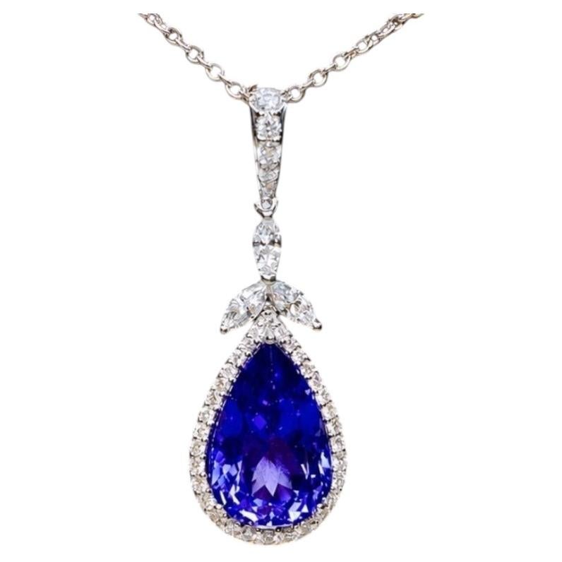 Estate 18K White Gold Pear Shape Tanzanite Marquise Diamond Pendant Necklace