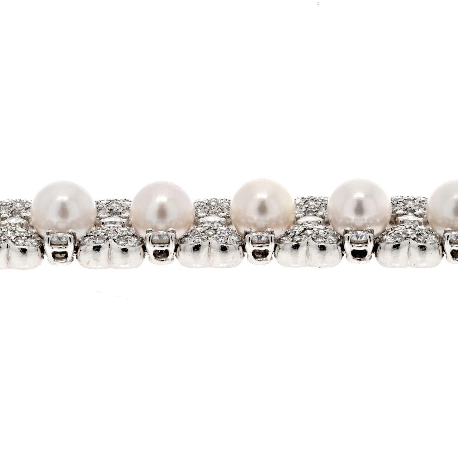 Modern Estate 18K White Gold Pearl And Diamond Tennis Bracelet For Sale