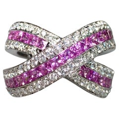 Bague de cocktail en or blanc 18 carats, saphir rose, diamant, large croisée