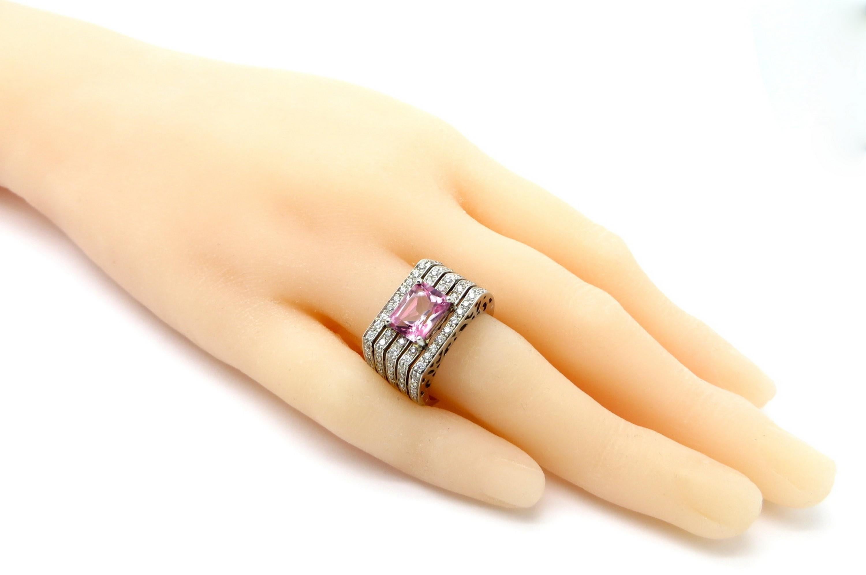 Bague de créateur en or blanc 18 carats avec tourmaline rose et diamants, poinçonnée à la française en vente 2