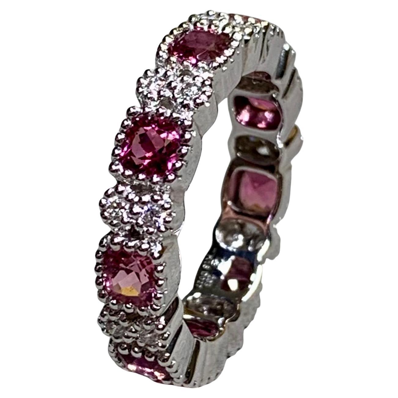 Bracelet d'éternité large en or blanc 18 carats avec tourmaline rose et diamants, taille 7