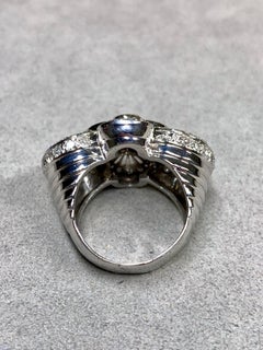 Estate 18K White Gold Platinum Deco Floral Motif Large Ribbed Cocktail Ring