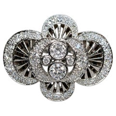 Estate 18K White Gold Platinum Deco Floral Motif Large Ribbed Cocktail Ring