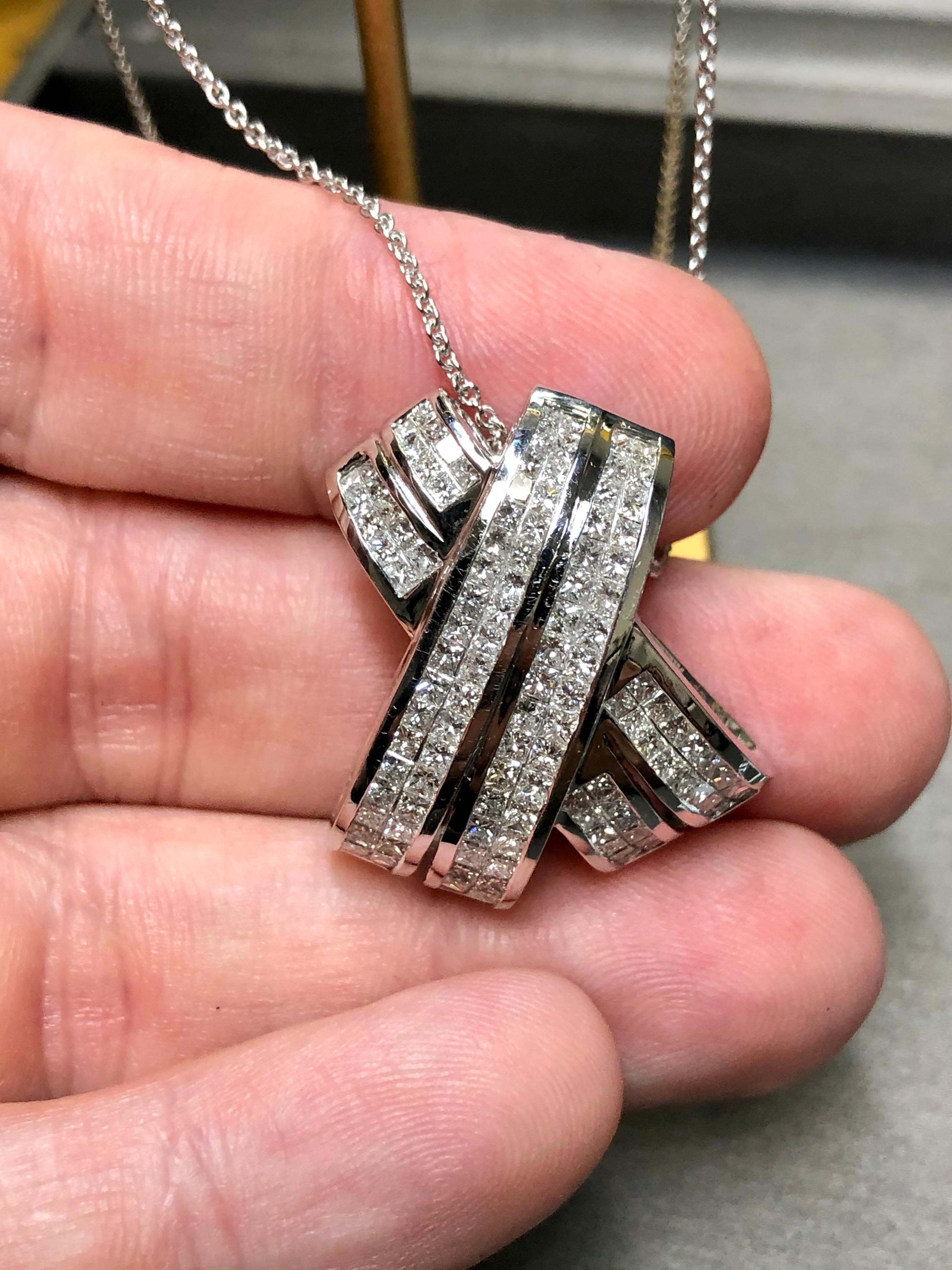 Estate 18K White Gold Princes Diamond X Slide Pendant Necklace 4cttw In Good Condition For Sale In Winter Springs, FL