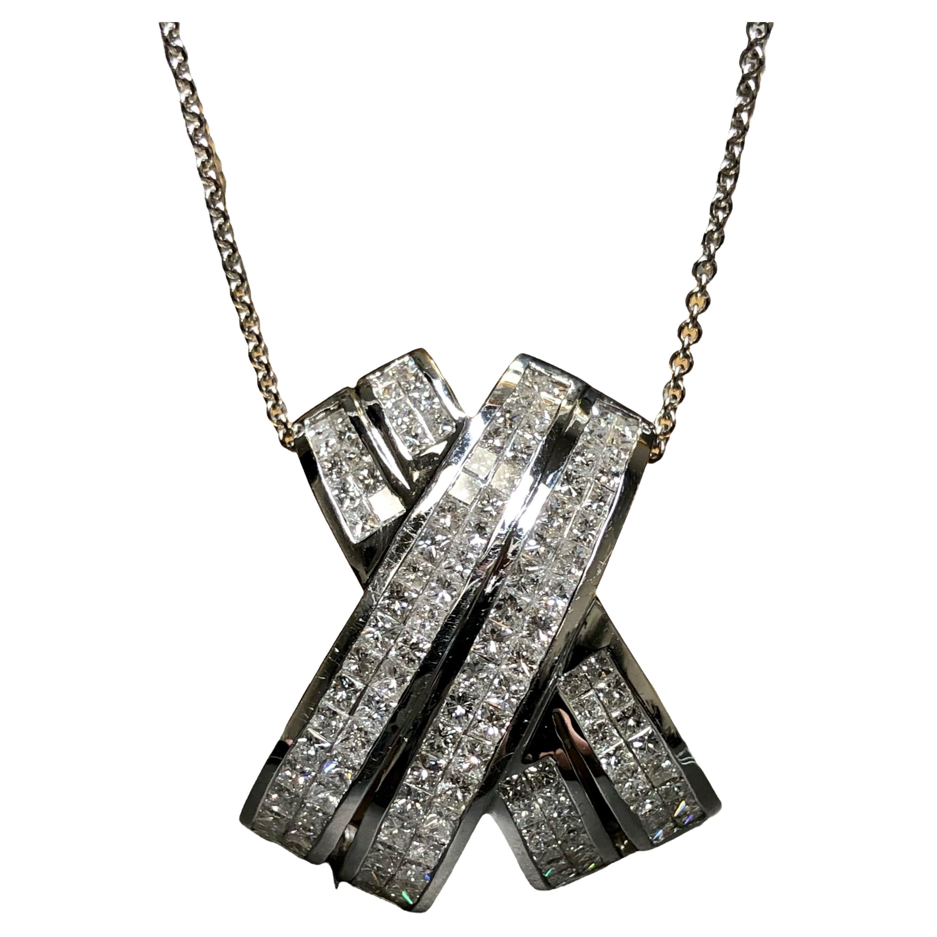 Nachlass 18K Weißgold Prinzen Diamant X Slide Anhänger Halskette 4cttw im Angebot