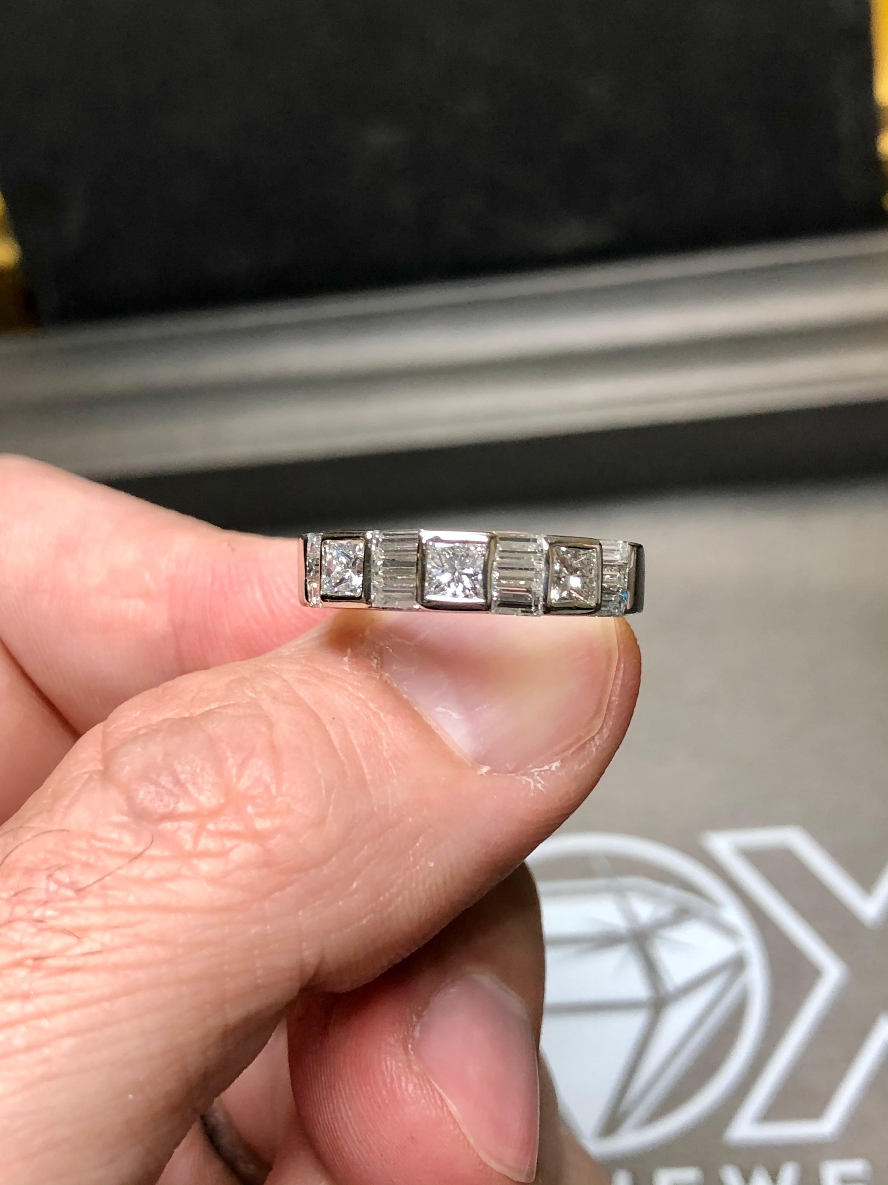Estate 18K White Gold Princess Baguette Diamond Half Band Ring 1.47cttw Sz 7 In Good Condition In Winter Springs, FL