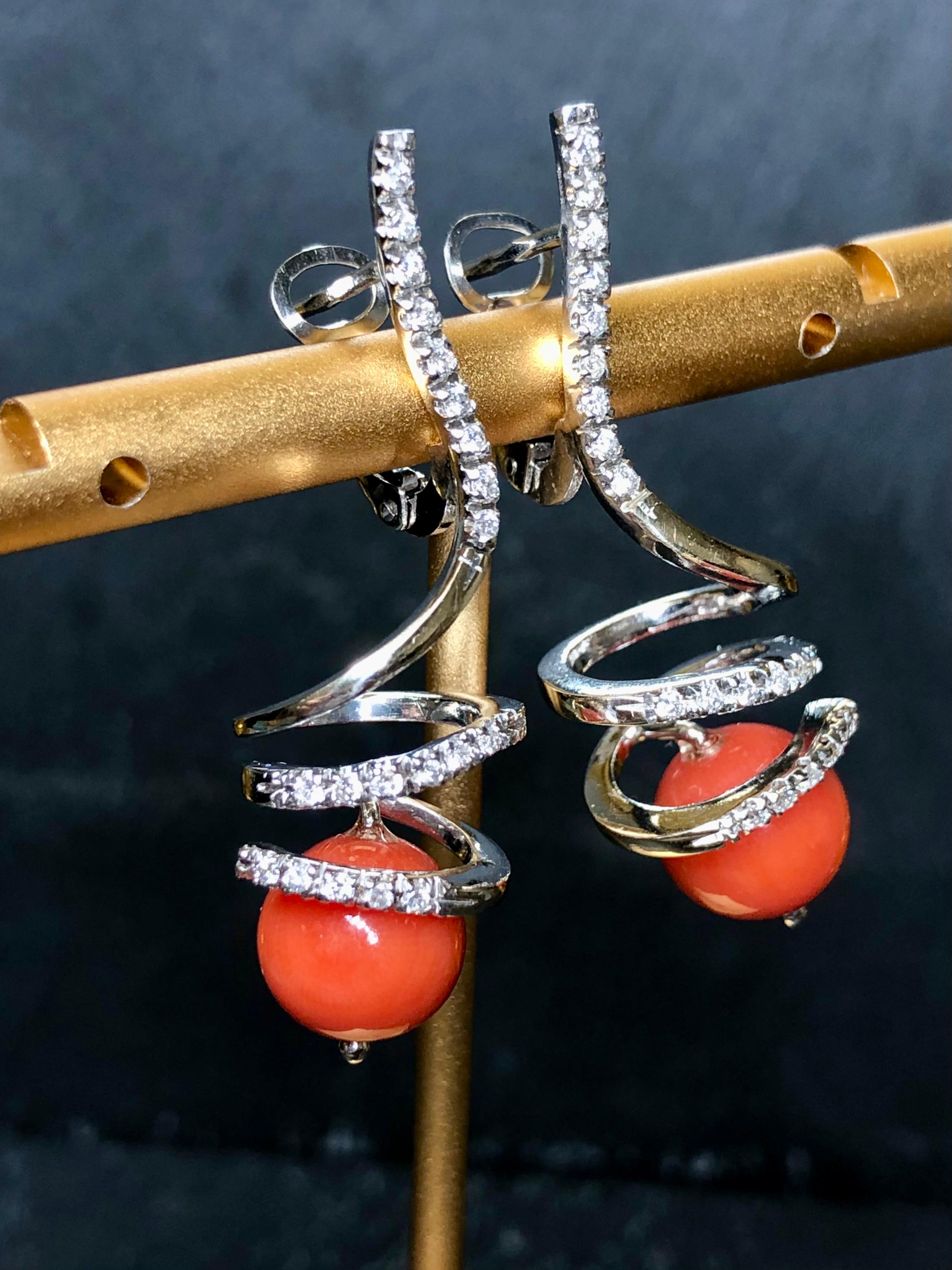 Contemporary Estate 18K White Gold Red Coral Diamond Italian Omega Back ITALIAN Drop Earrings For Sale