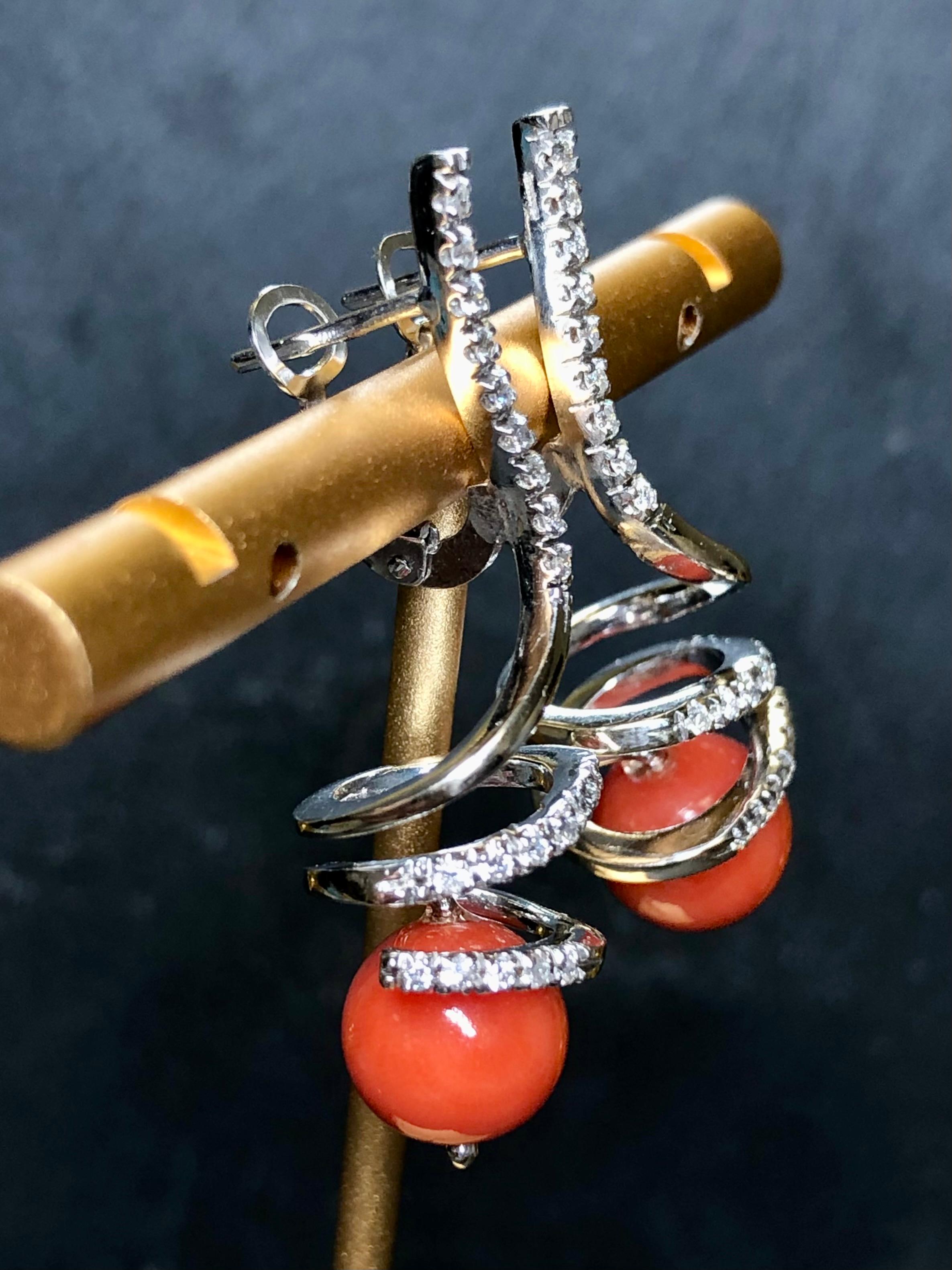 Round Cut Estate 18K White Gold Red Coral Diamond Italian Omega Back ITALIAN Drop Earrings For Sale