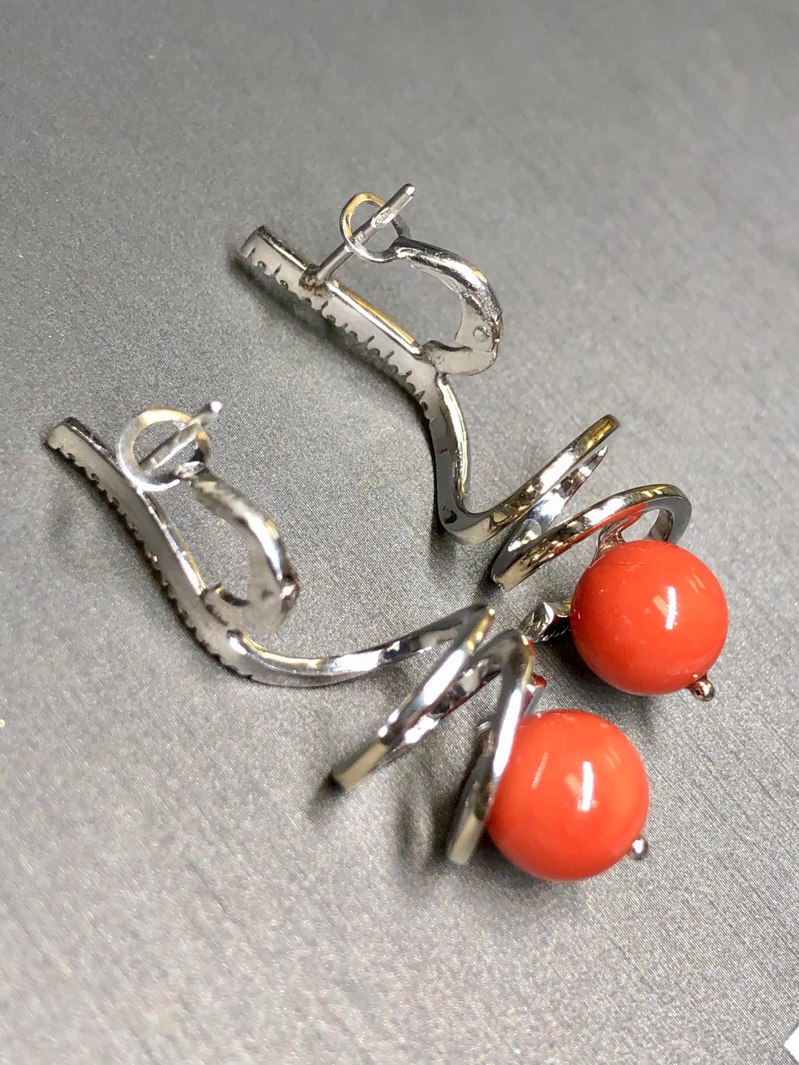 Women's or Men's Estate 18K White Gold Red Coral Diamond Italian Omega Back ITALIAN Drop Earrings For Sale