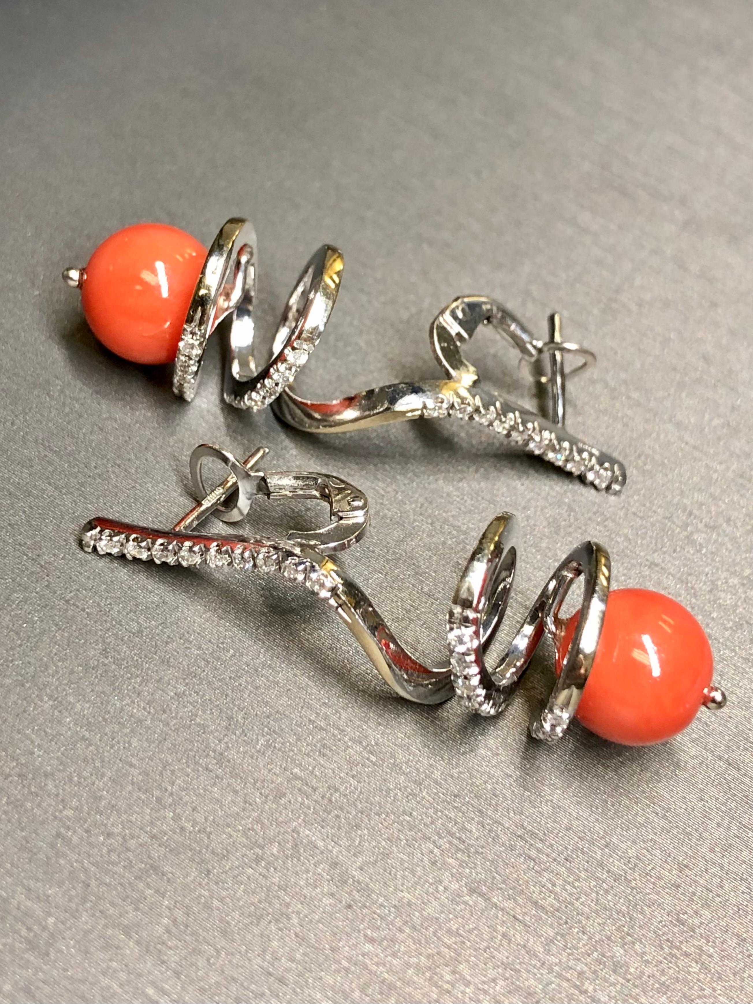Estate 18K White Gold Red Coral Diamond Italian Omega Back ITALIAN Drop Earrings For Sale 1