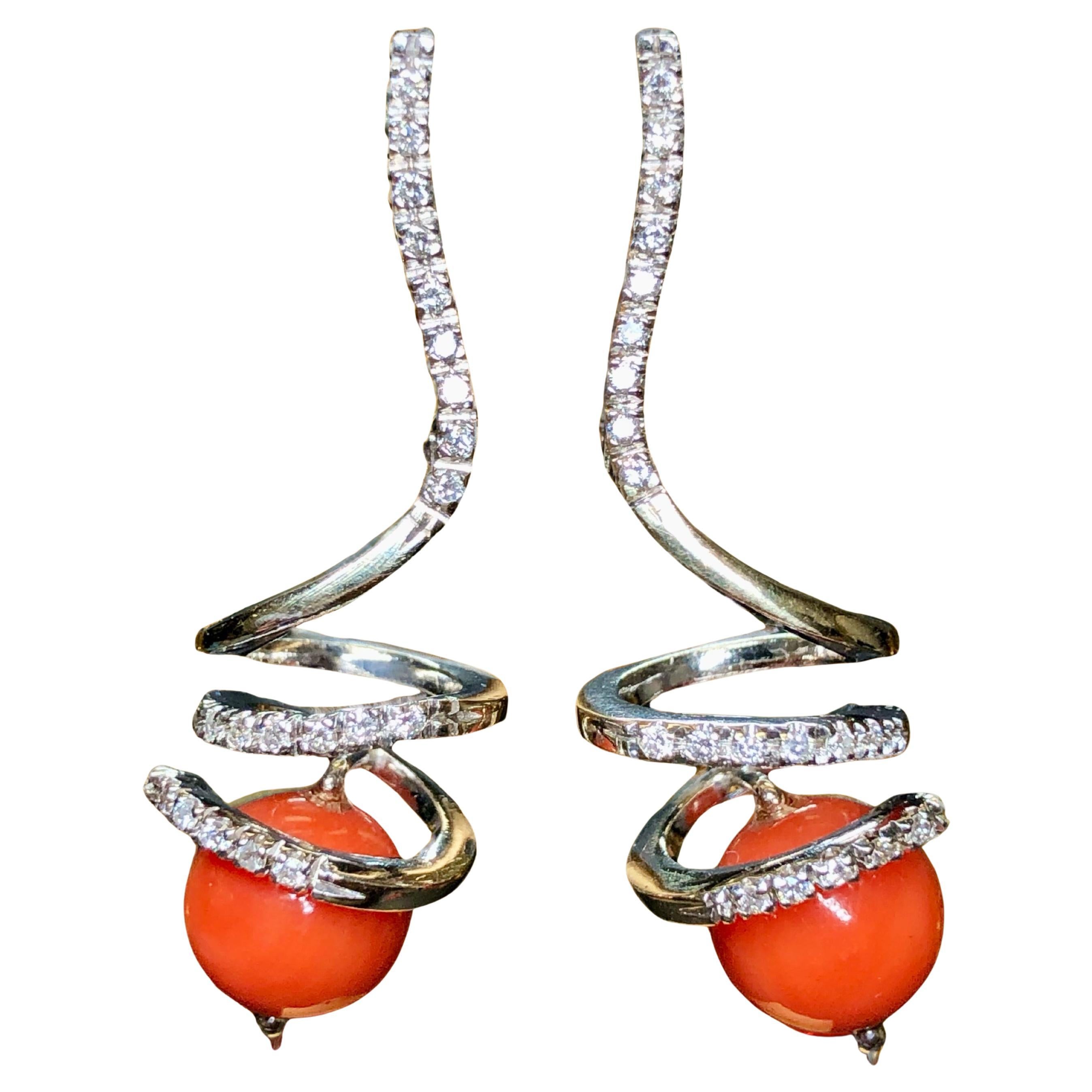 Estate 18K White Gold Red Coral Diamond Italian Omega Back ITALIAN Drop Earrings