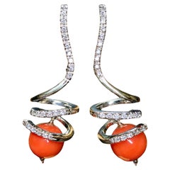 Estate 18K White Gold Red Coral Diamond Italian Omega Back ITALIAN Drop Earrings