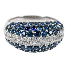 Estate 18k White Gold Round Diamond & Blue Sapphire Pavé Wide Band Ring