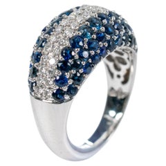 Estate 18k White Gold Round Diamond & Blue Sapphire Pavé Wide Band Ring