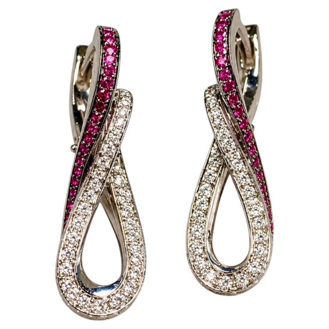 Estate 18K White Gold Ruby & Diamond Twist Dangle Infinity Drop Earrings For Sale