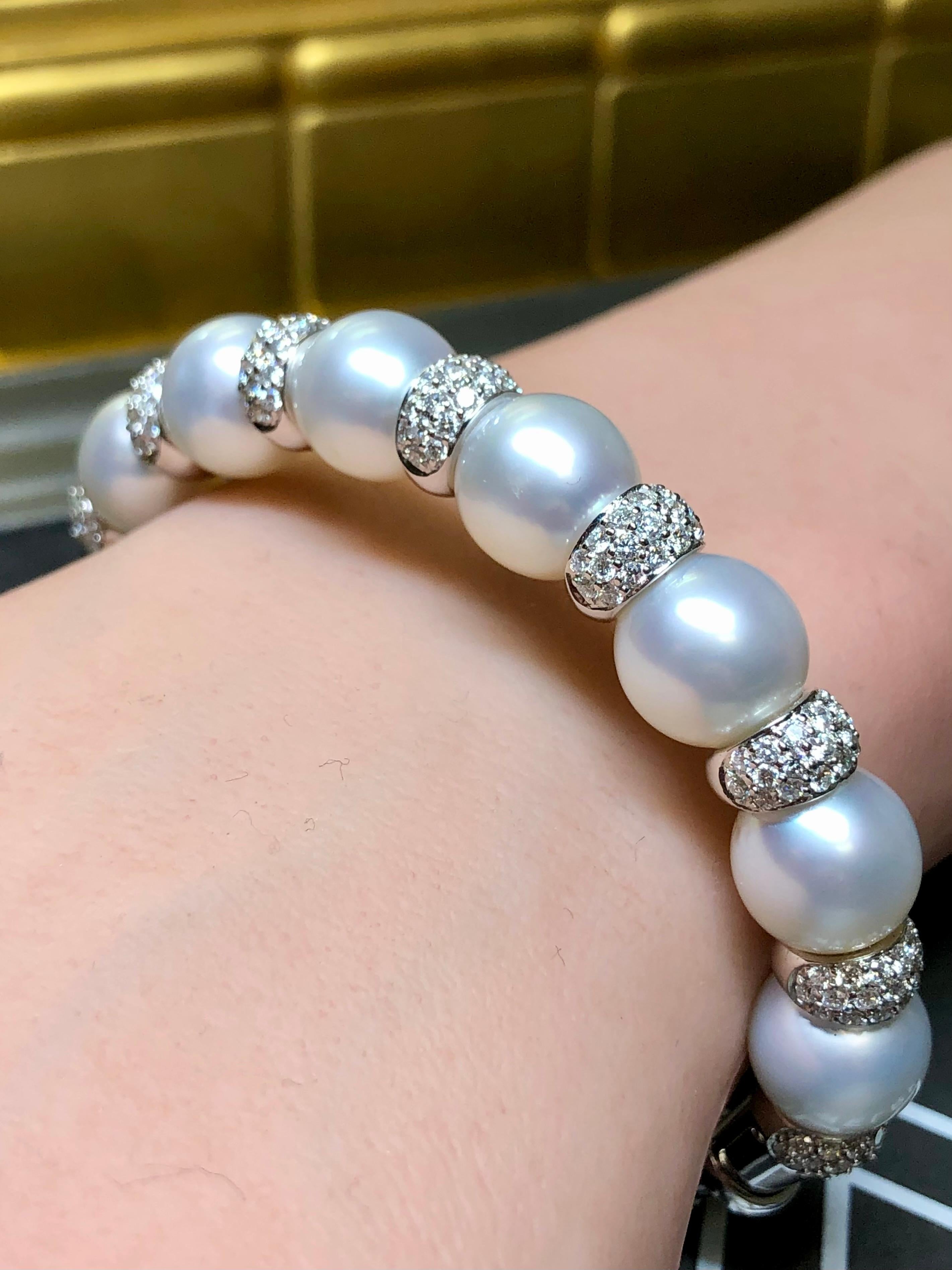 Estate 18K White Gold South Sea Pearl Diamond Cuff Bracelet 7” For Sale 5