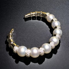 Estate 18K White Gold South Sea Pearl Diamond Cuff Bracelet 7”