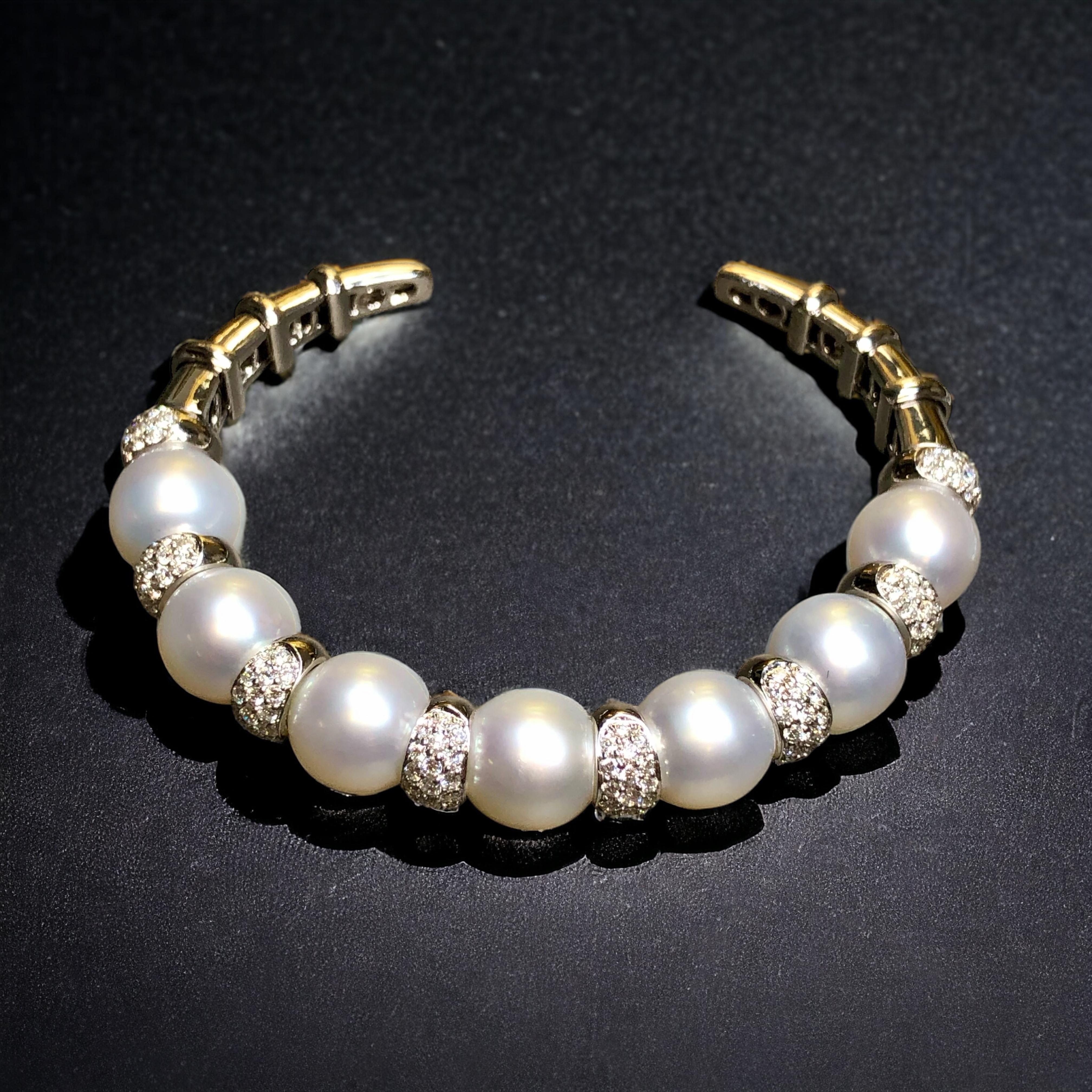 Round Cut Estate 18K White Gold South Sea Pearl Diamond Cuff Bracelet 7” For Sale