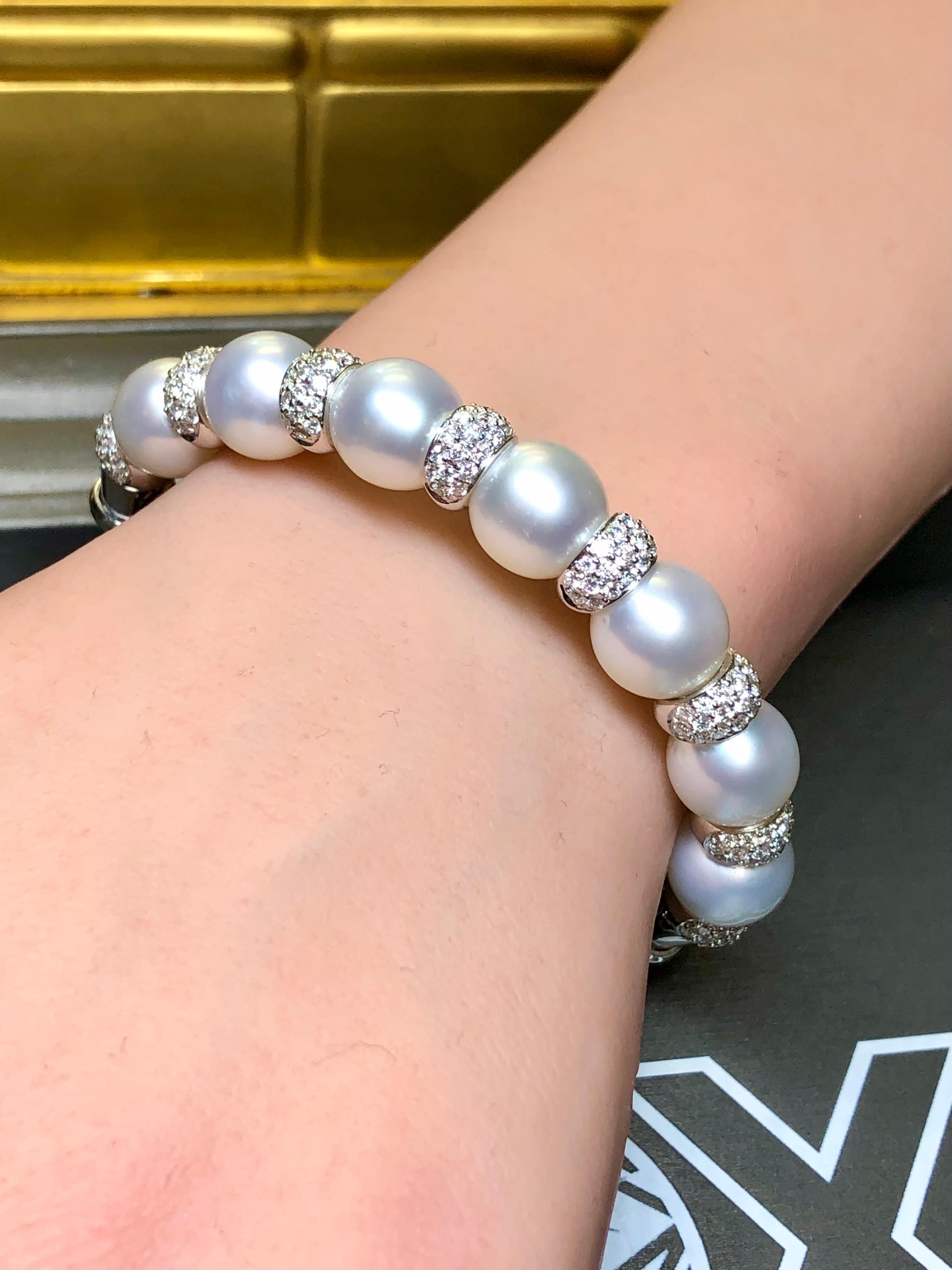 Estate 18K White Gold South Sea Pearl Diamond Cuff Bracelet 7” For Sale 2