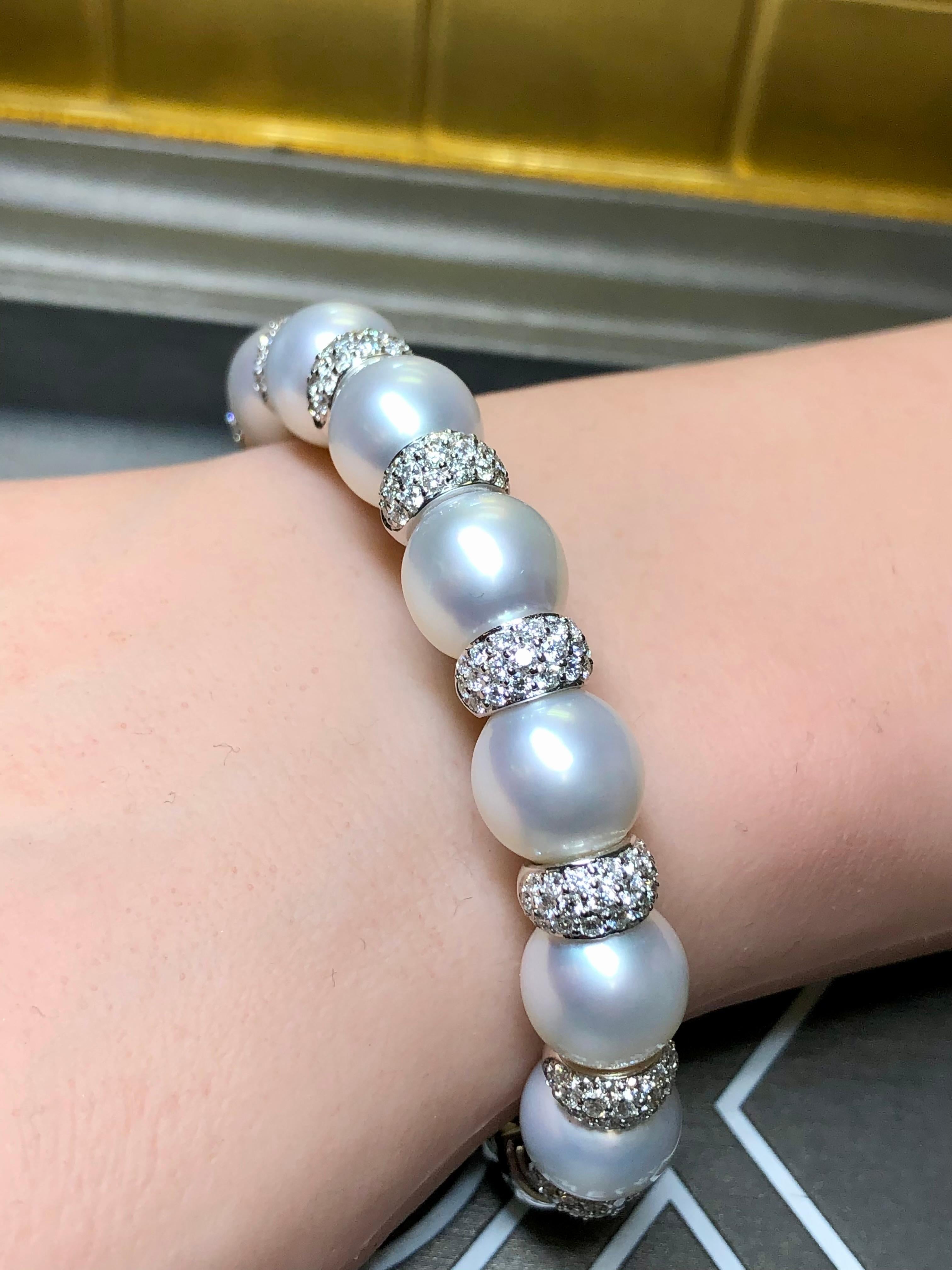 Estate 18K White Gold South Sea Pearl Diamond Cuff Bracelet 7” For Sale 3