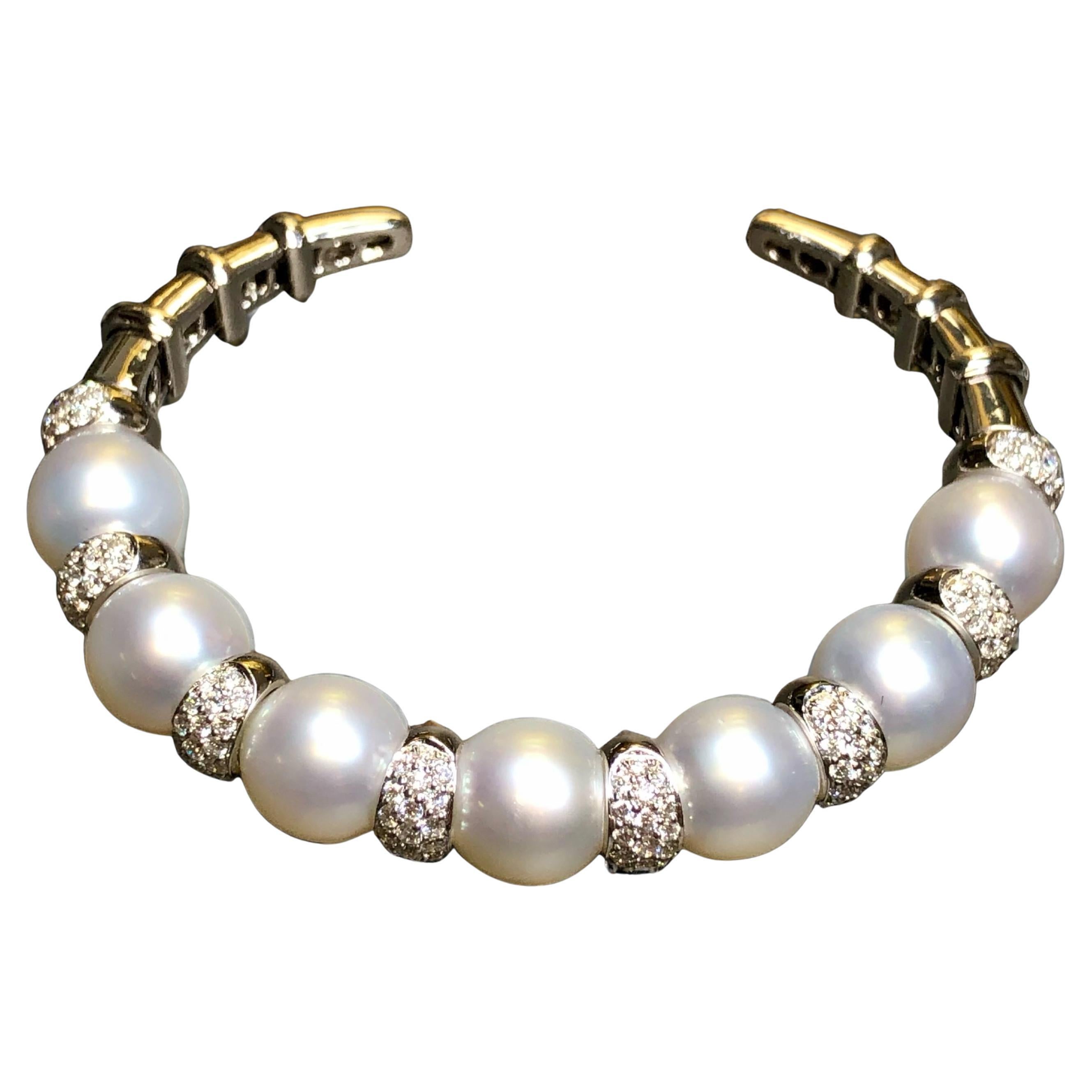 Estate 18K White Gold South Sea Pearl Diamond Cuff Bracelet 7”