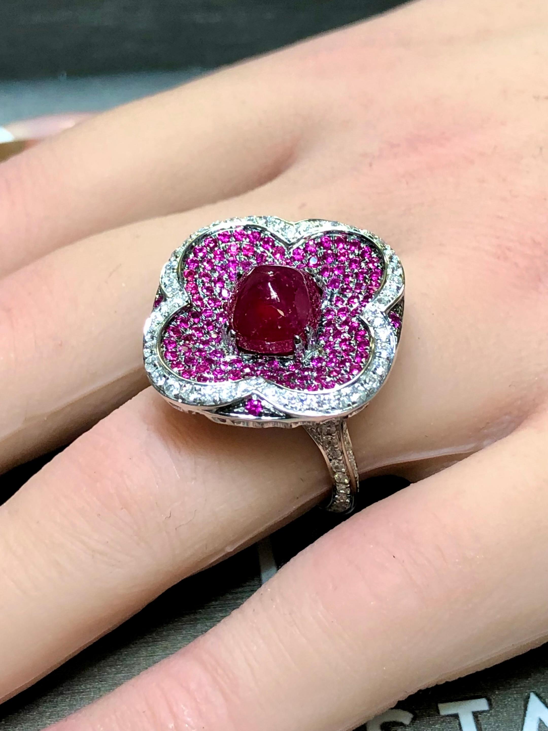 Estate 18K White Gold Sugarloaf Ruby Diamond Clover Cocktail Ring 6.91cttw Sz 7 For Sale 4