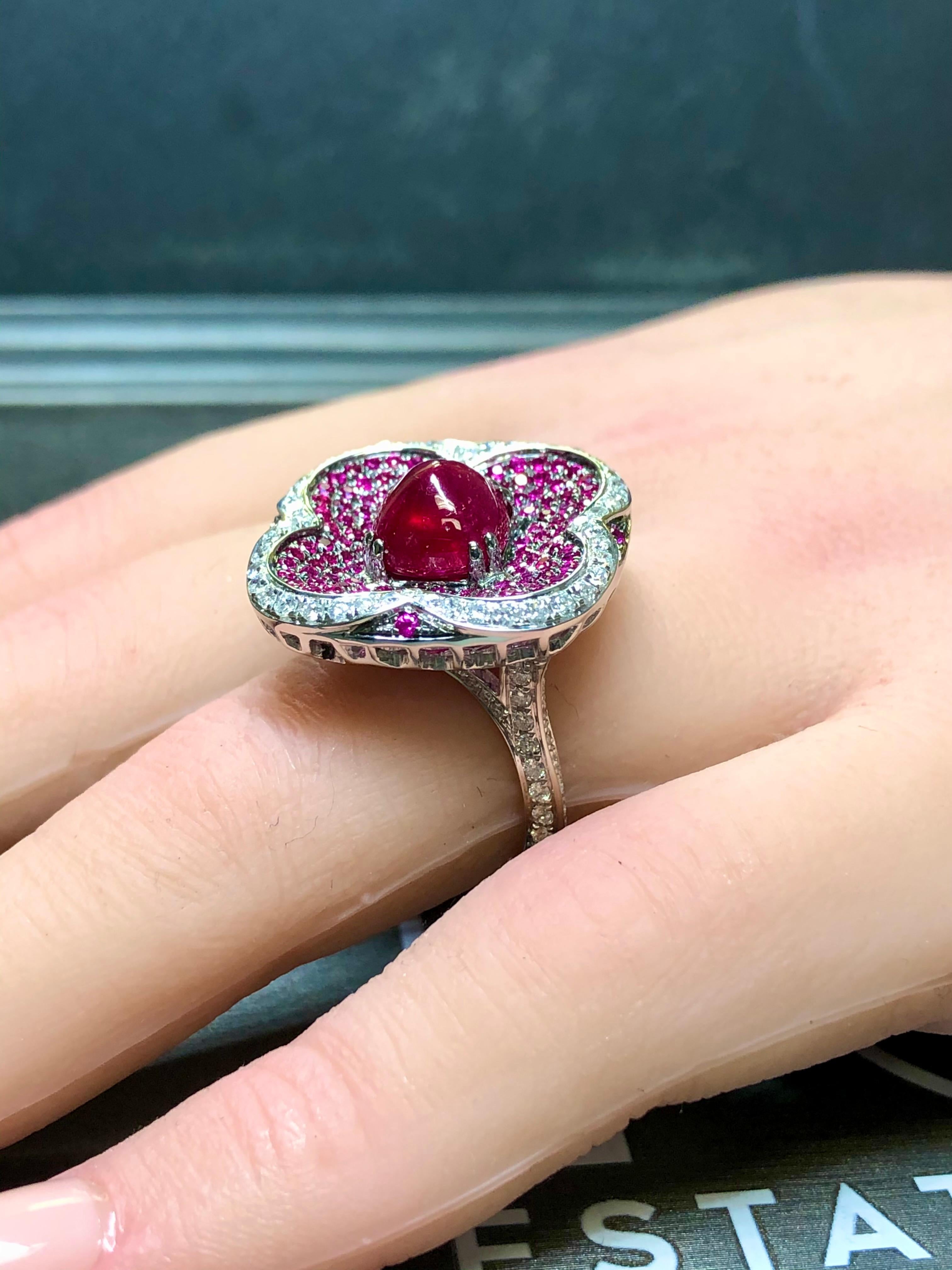 Estate 18K White Gold Sugarloaf Ruby Diamond Clover Cocktail Ring 6.91cttw Sz 7 For Sale 5