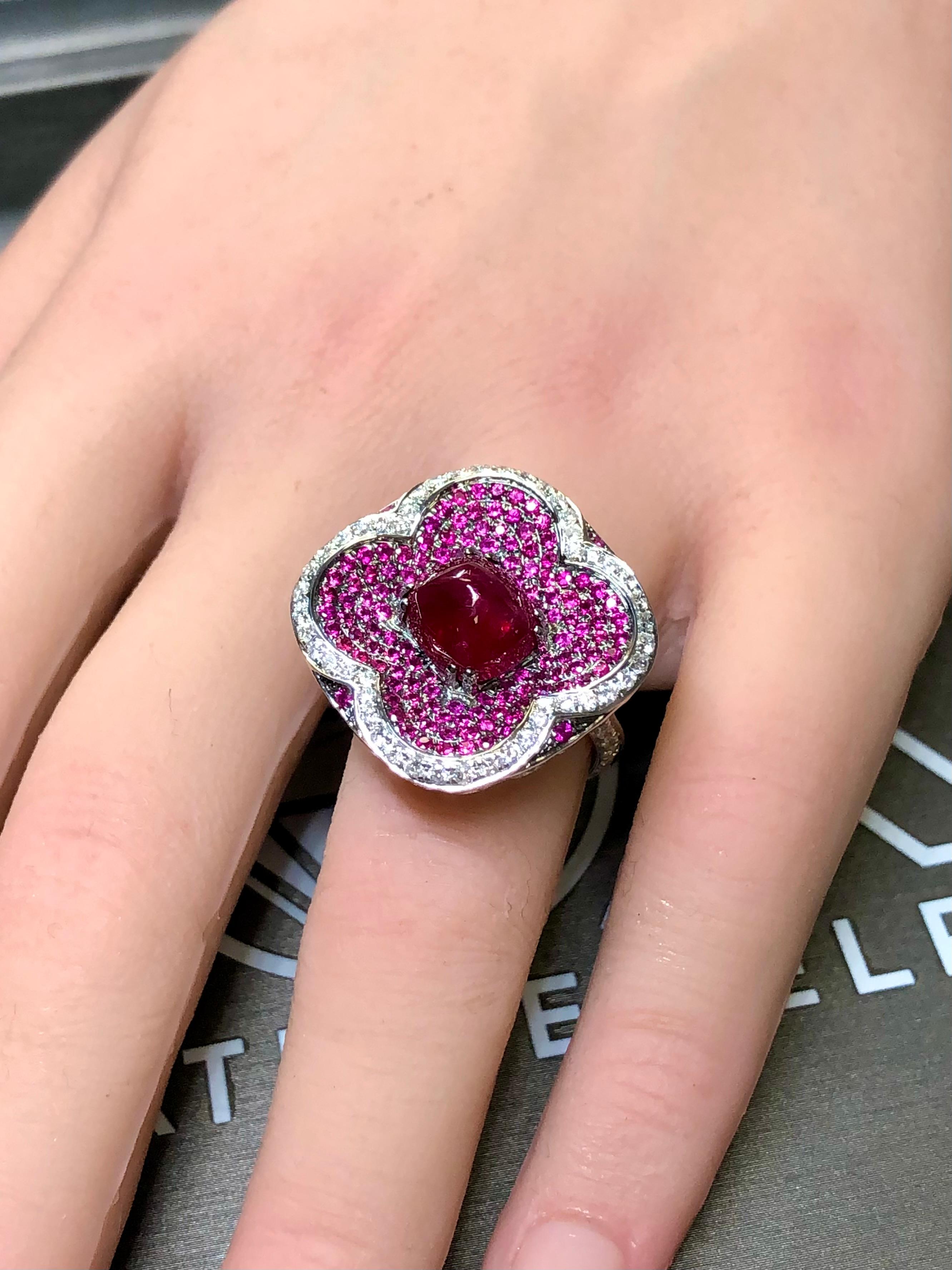 Estate 18K White Gold Sugarloaf Ruby Diamond Clover Cocktail Ring 6.91cttw Sz 7 For Sale 6