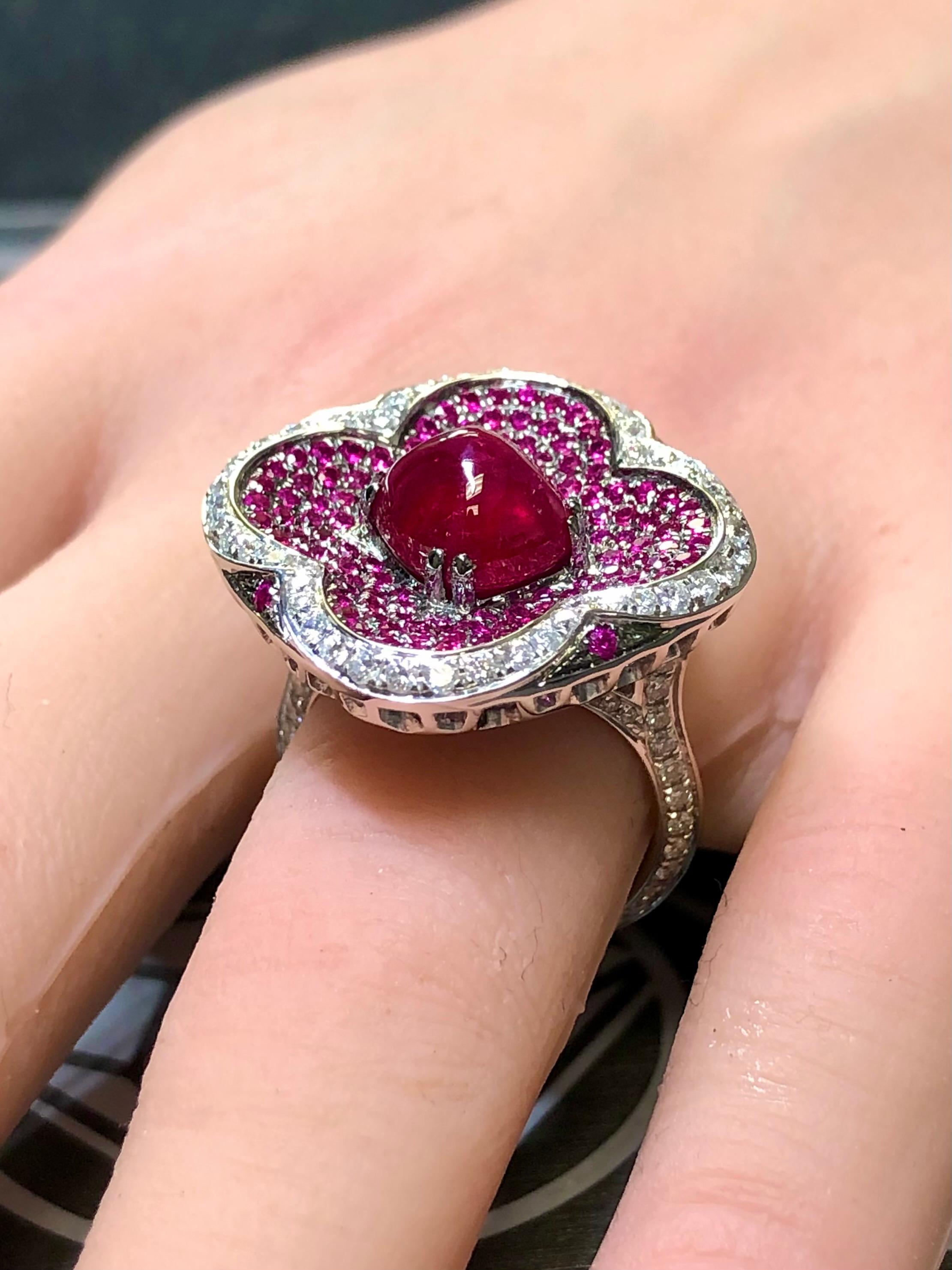 Estate 18K White Gold Sugarloaf Ruby Diamond Clover Cocktail Ring 6.91cttw Sz 7 For Sale 7