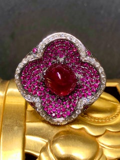Estate 18K White Gold Sugarloaf Ruby Diamond Clover Cocktail Ring 6.91cttw Sz 7
