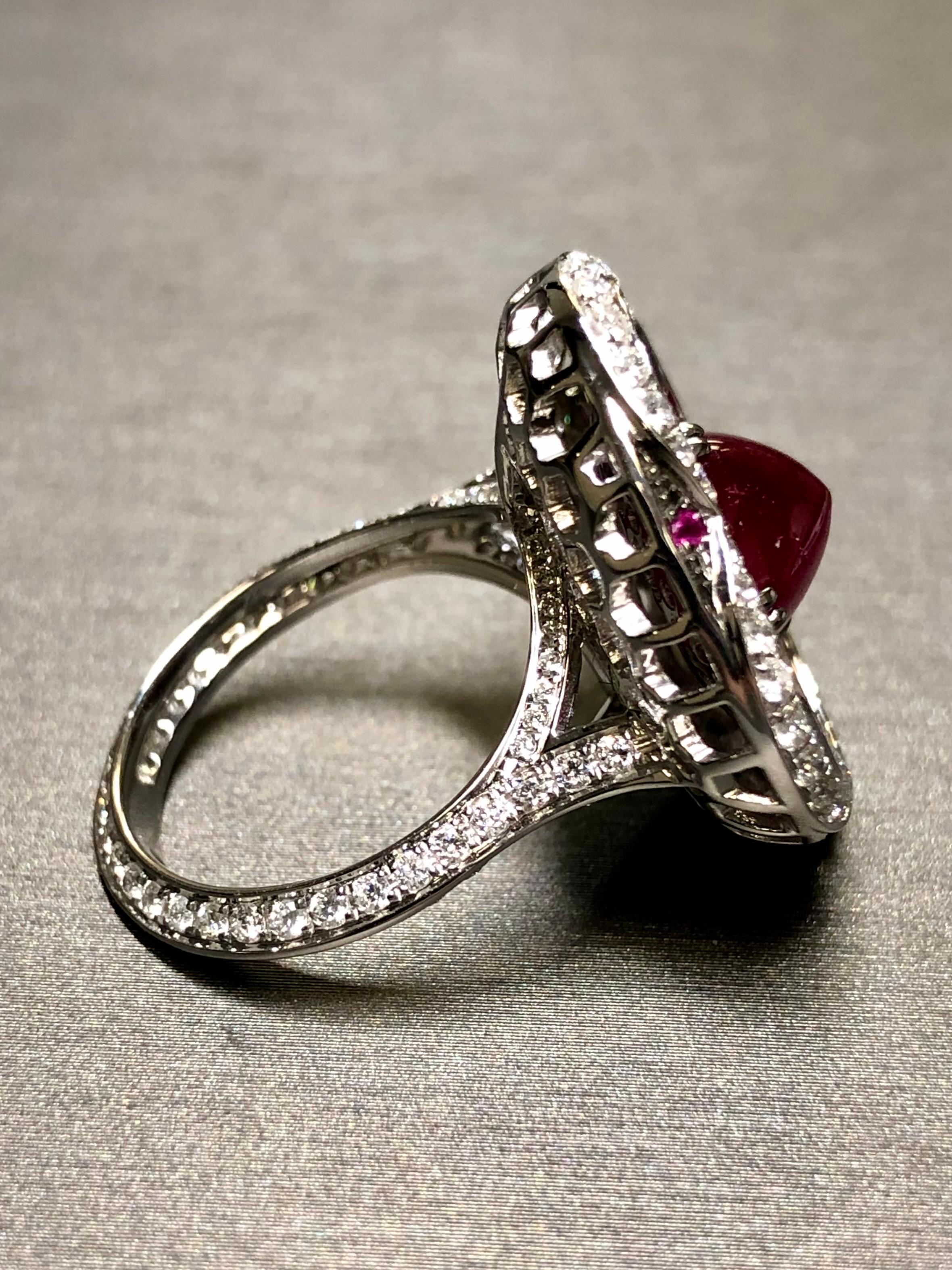 Women's or Men's Estate 18K White Gold Sugarloaf Ruby Diamond Clover Cocktail Ring 6.91cttw Sz 7 For Sale