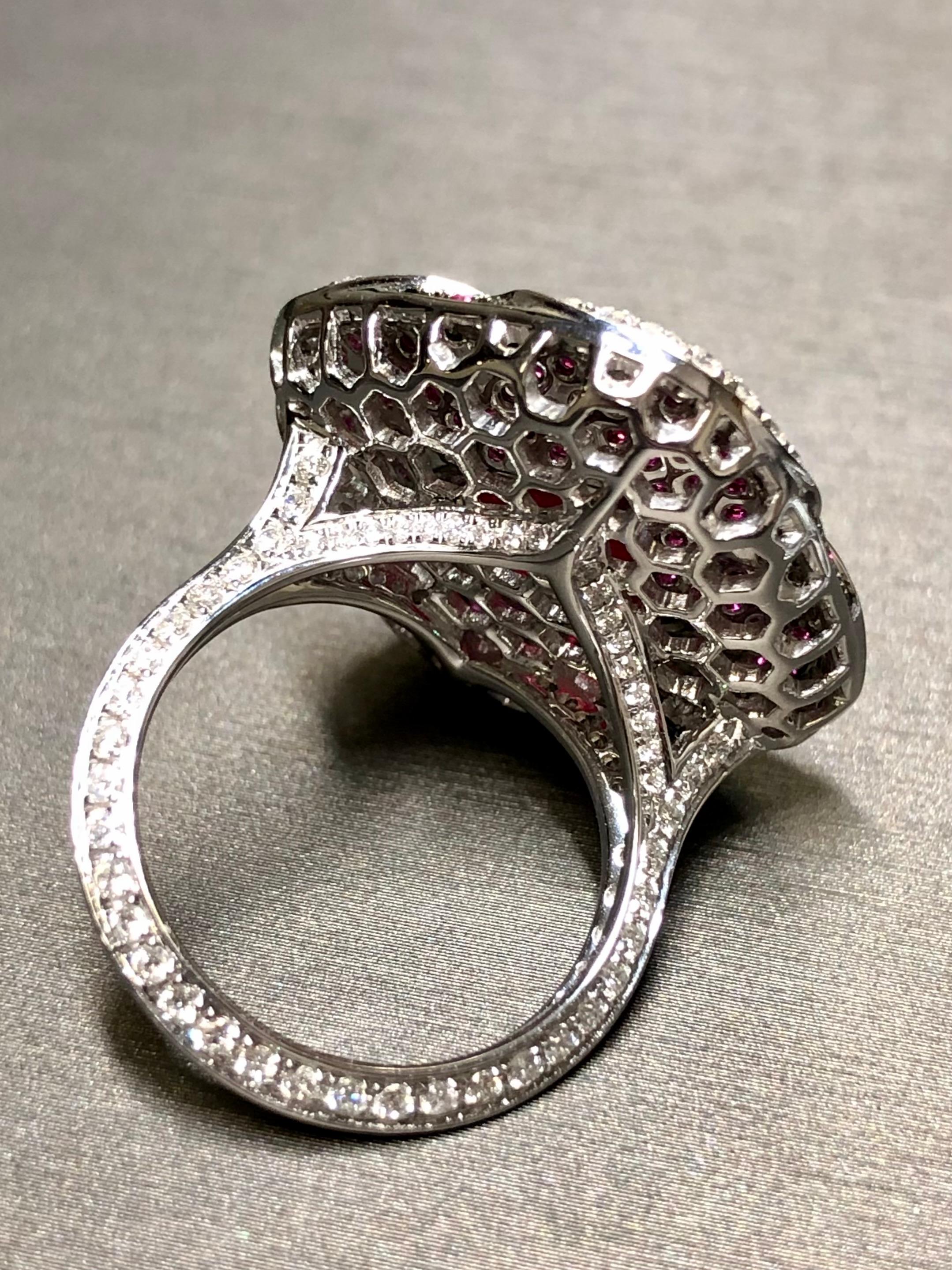Estate 18K White Gold Sugarloaf Ruby Diamond Clover Cocktail Ring 6.91cttw Sz 7 For Sale 1