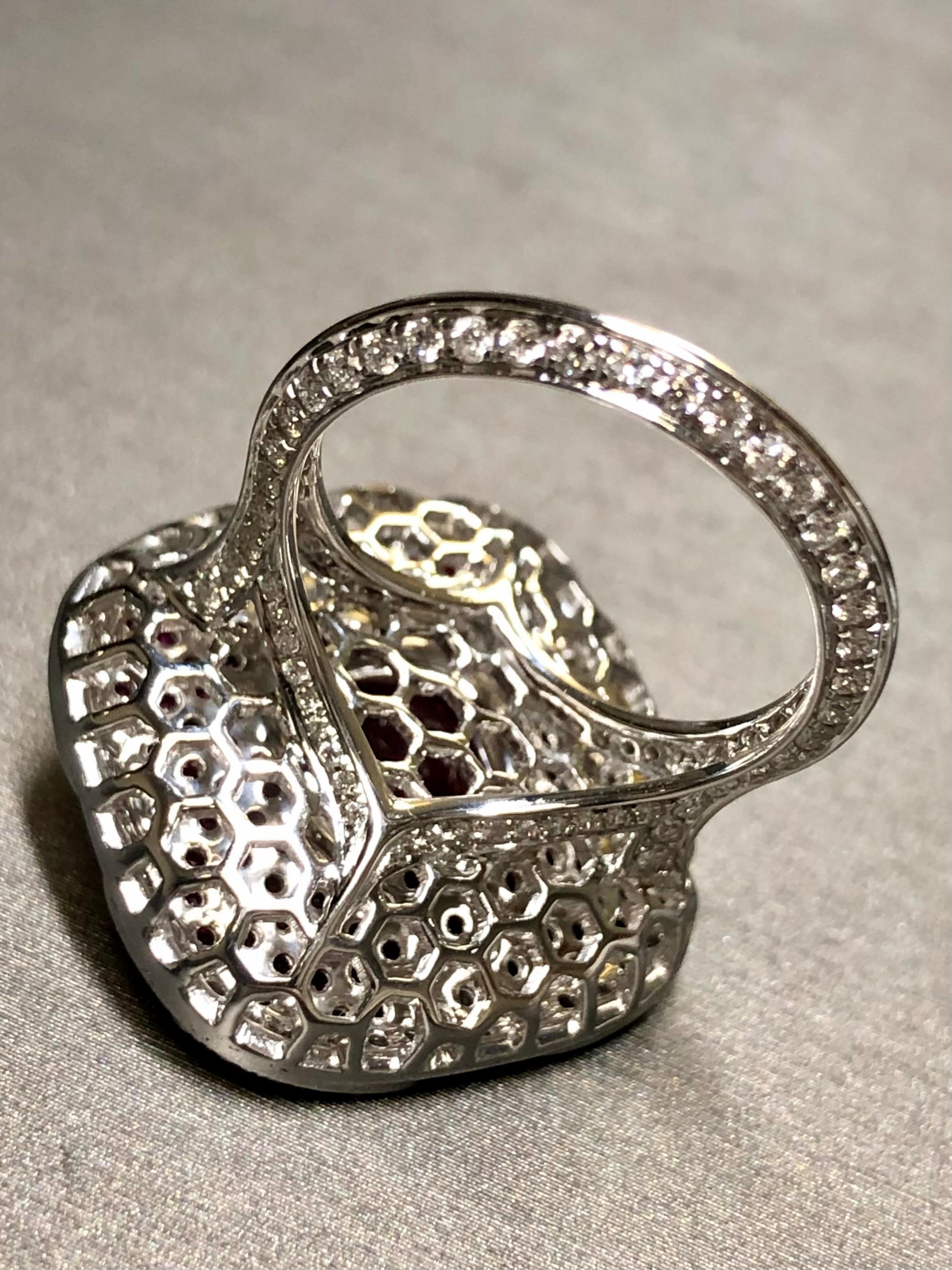 Estate 18K White Gold Sugarloaf Ruby Diamond Clover Cocktail Ring 6.91cttw Sz 7 For Sale 2
