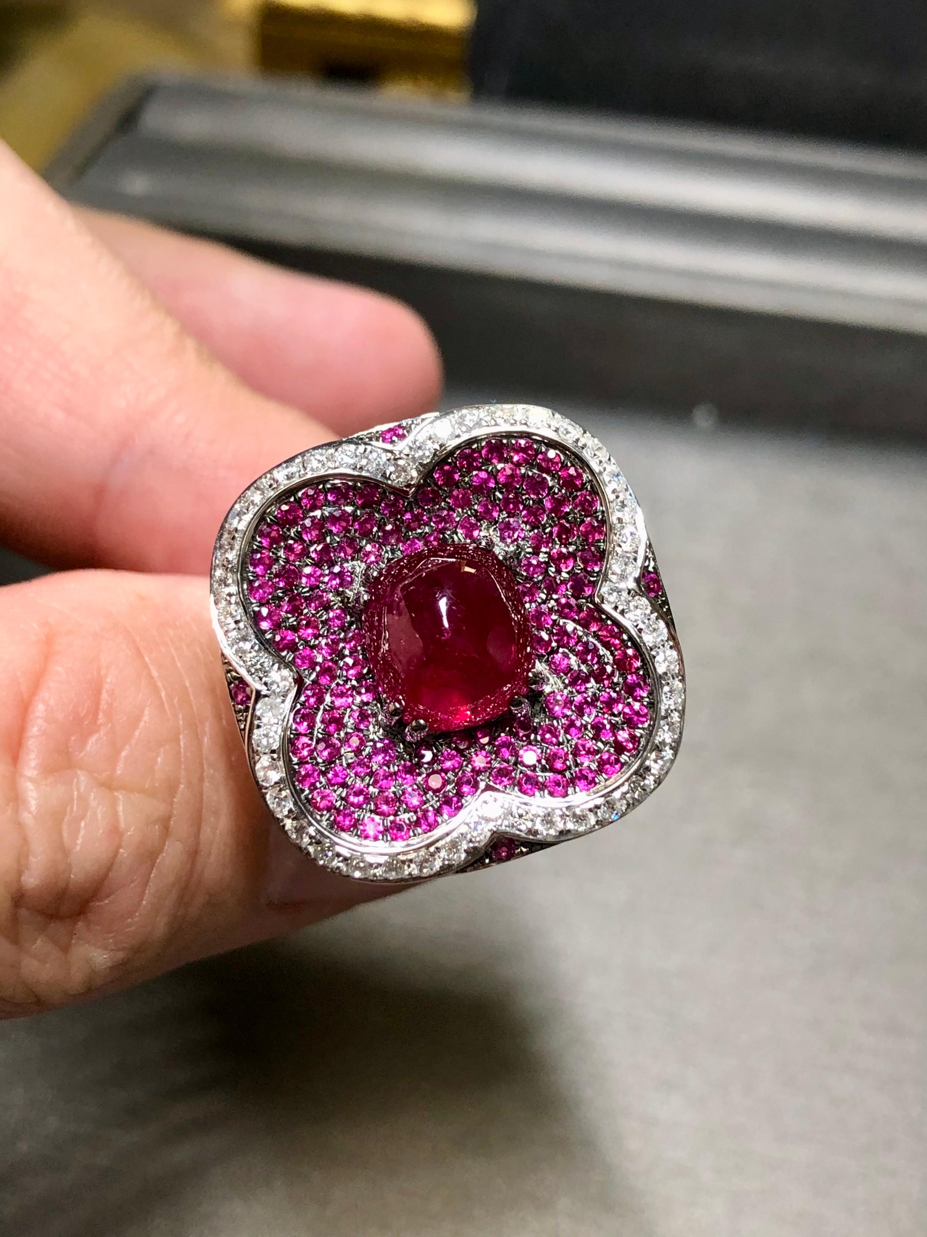 Estate 18K White Gold Sugarloaf Ruby Diamond Clover Cocktail Ring 6.91cttw Sz 7 For Sale 3