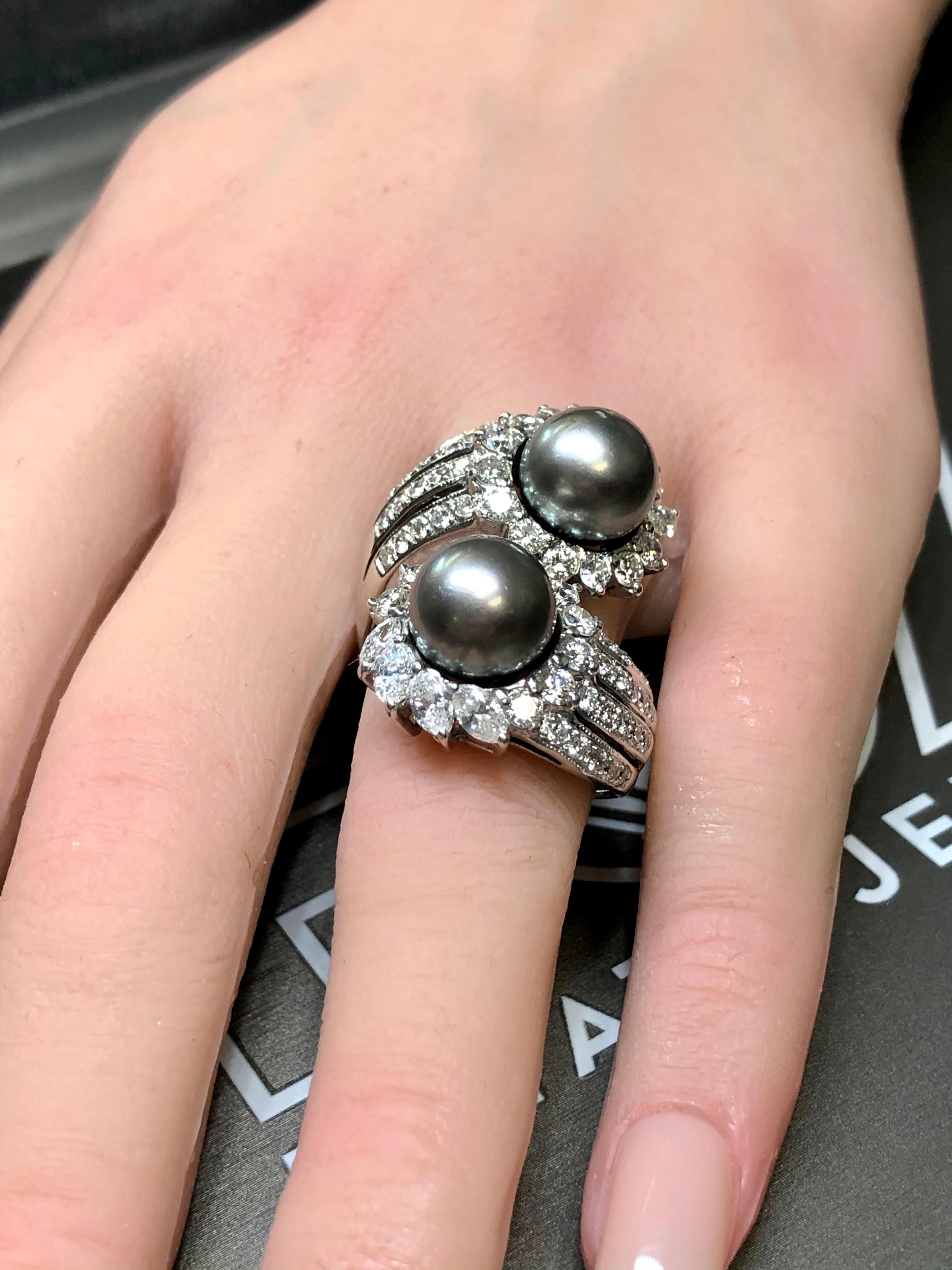 Estate 18K White Gold Tahitian Pearl Diamond Large Bypass Cocktail Ring G Vs For Sale 4