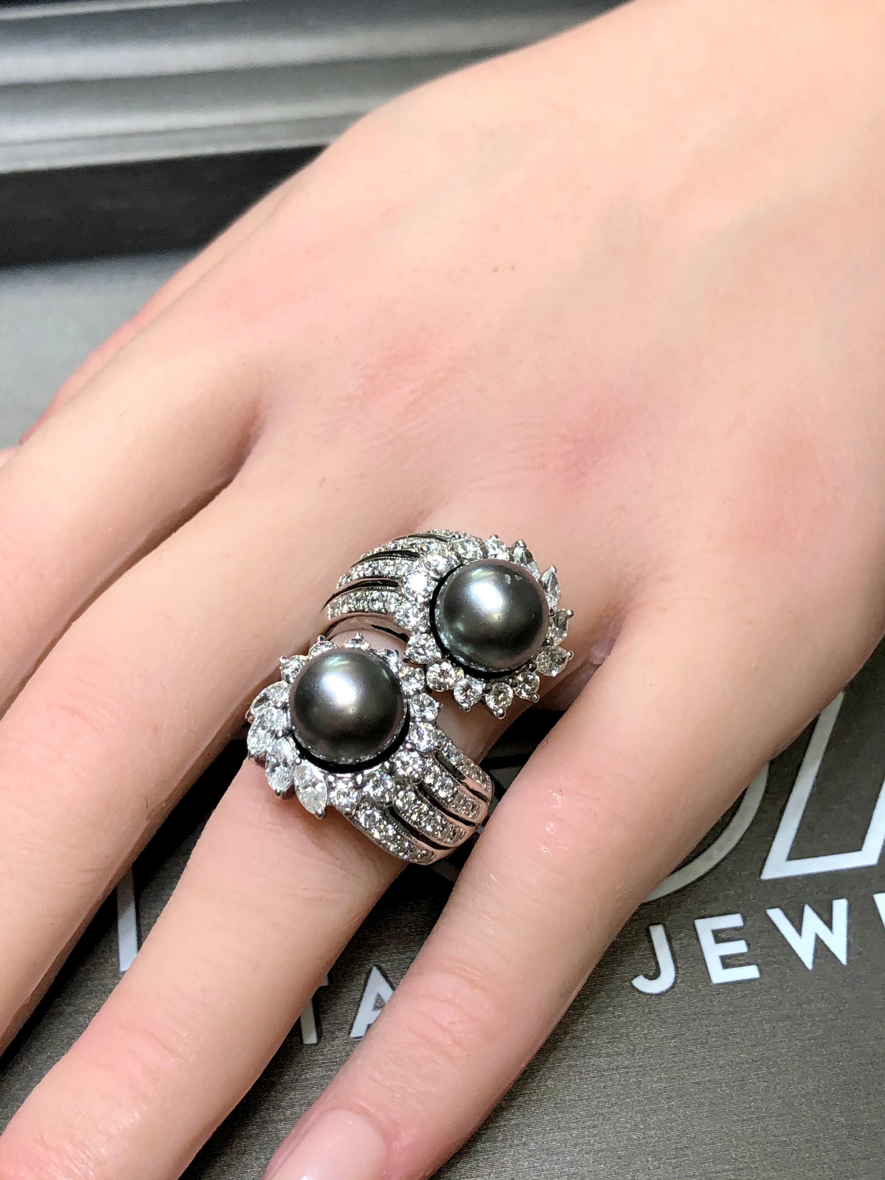 Estate 18K White Gold Tahitian Pearl Diamond Large Bypass Cocktail Ring G Vs For Sale 5