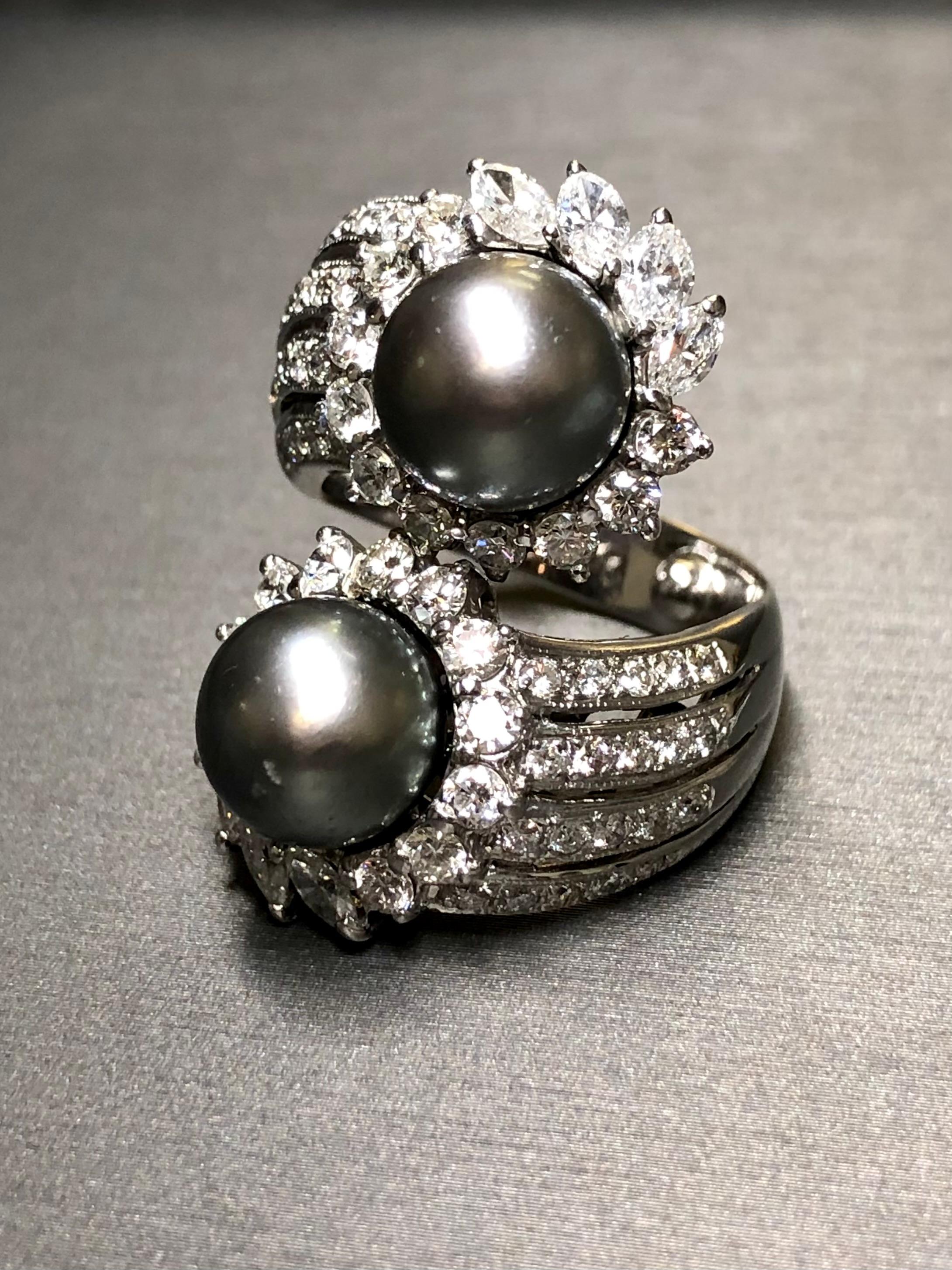 Estate 18K White Gold Tahitian Pearl Diamond Large Bypass Cocktail Ring G Vs For Sale 7