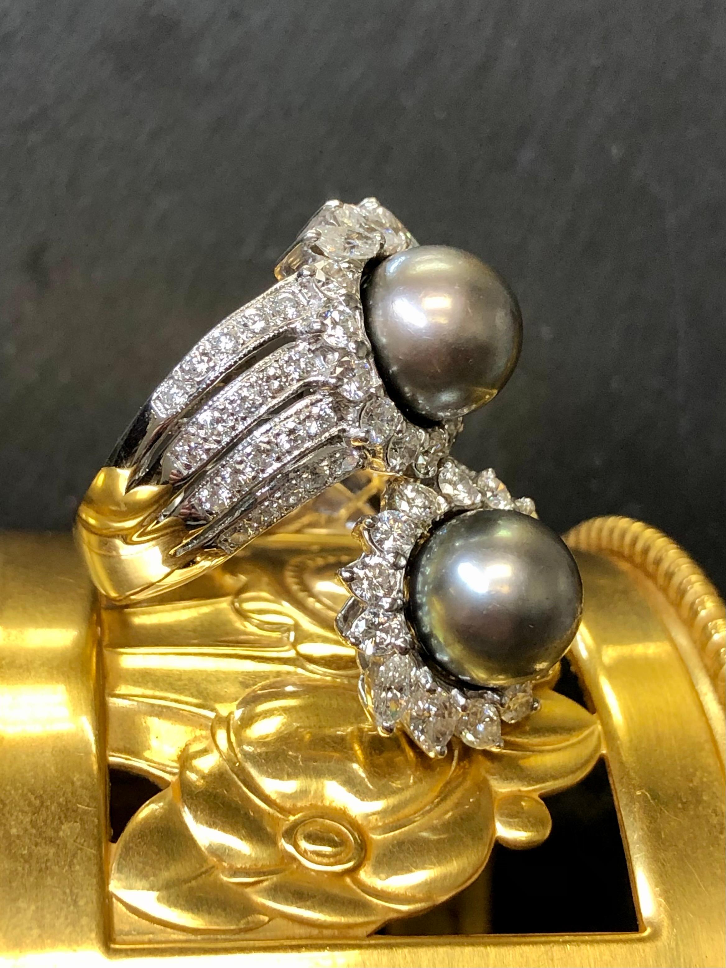 Contemporary Estate 18K White Gold Tahitian Pearl Diamond Large Bypass Cocktail Ring G Vs For Sale