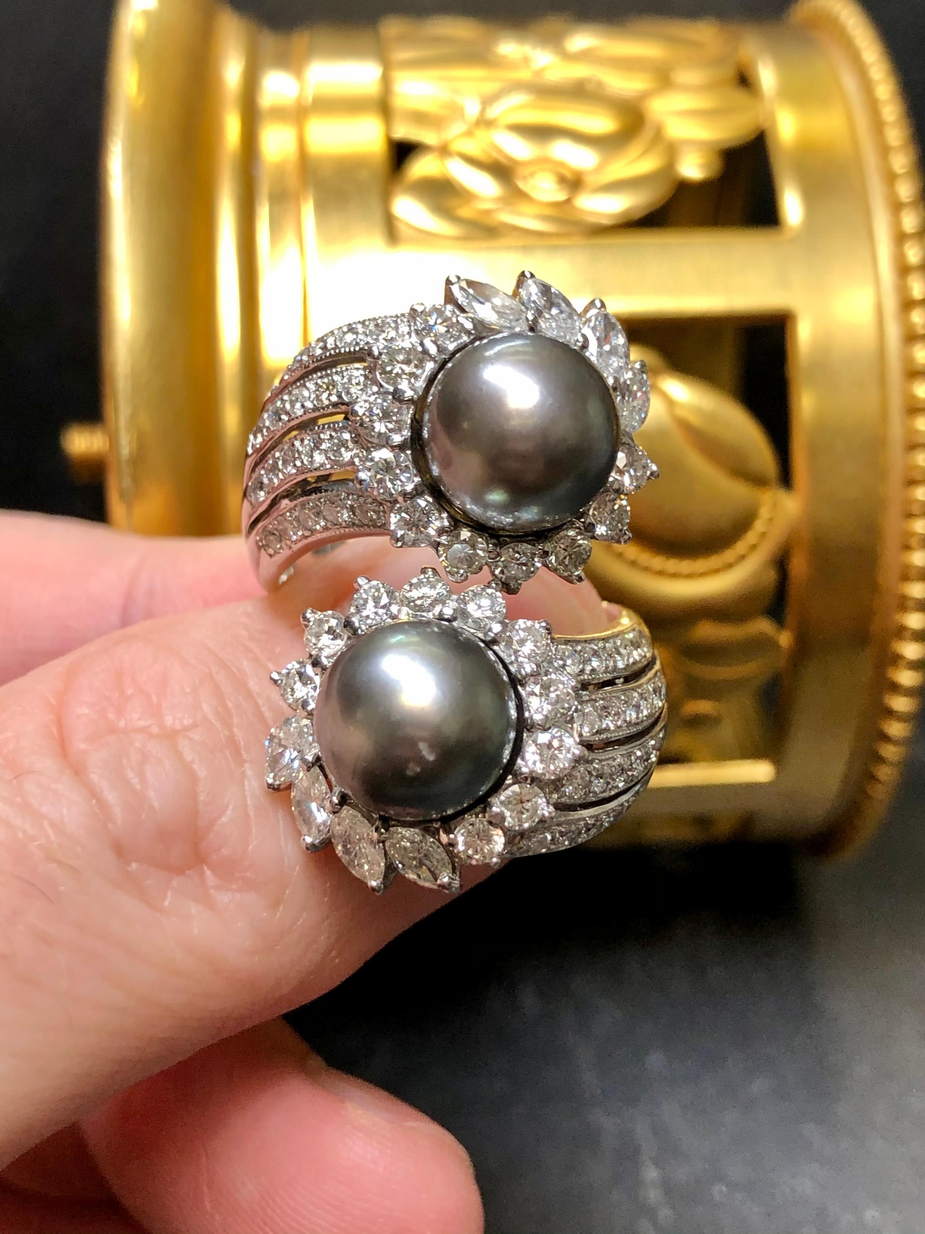 Round Cut Estate 18K White Gold Tahitian Pearl Diamond Large Bypass Cocktail Ring G Vs For Sale