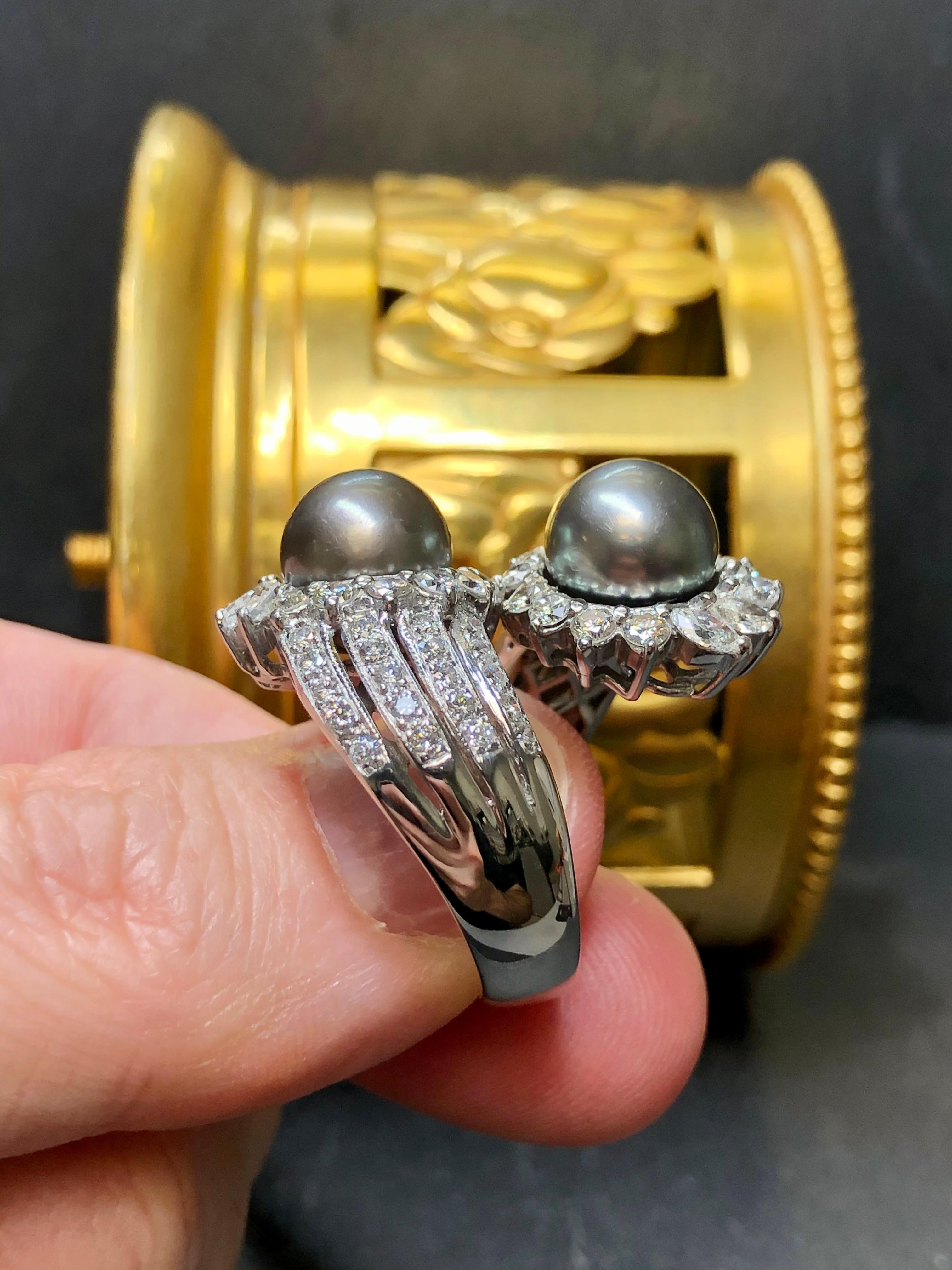 Nachlass 18K Weißgold Tahiti-Perle Diamant Großer Bypass-Cocktailring G Vs für Damen oder Herren im Angebot