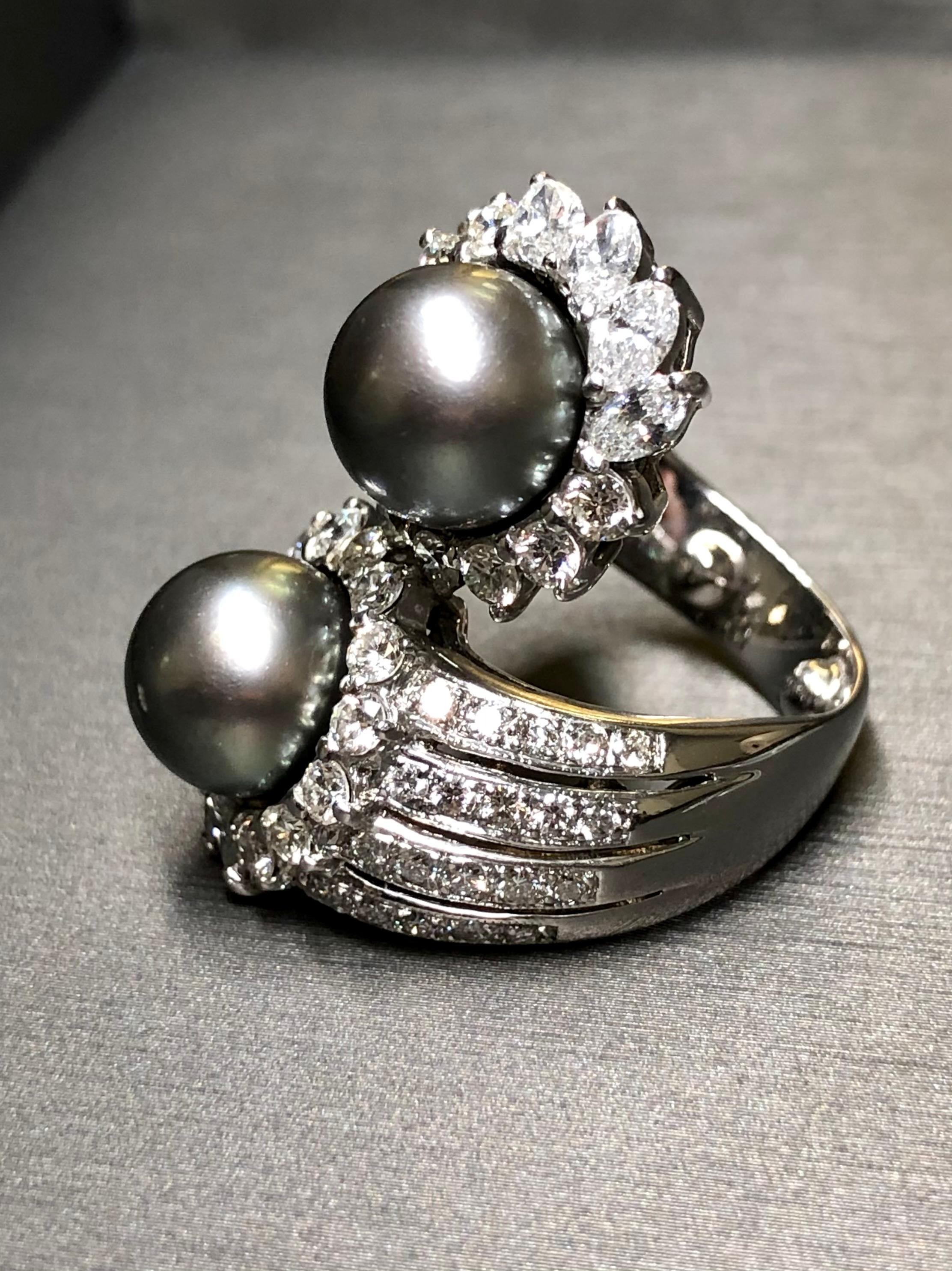 Estate 18K White Gold Tahitian Pearl Diamond Large Bypass Cocktail Ring G Vs For Sale 2
