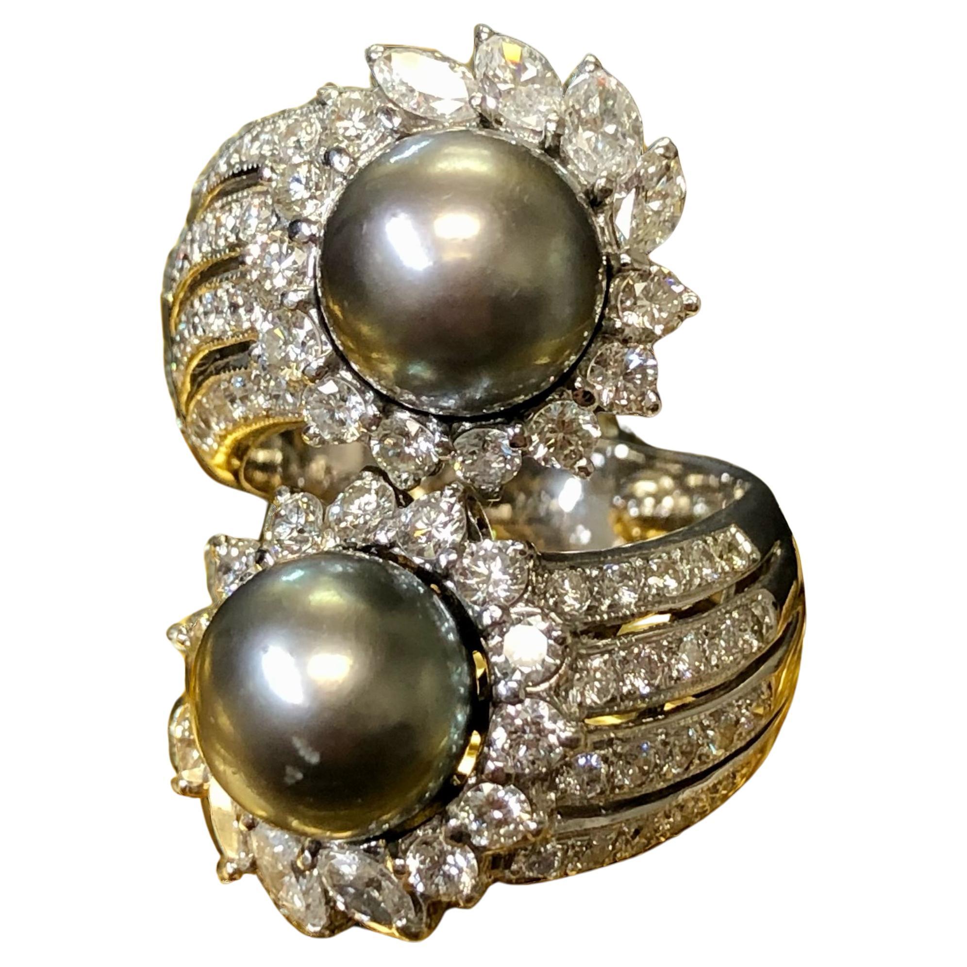 Nachlass 18K Weißgold Tahiti-Perle Diamant Großer Bypass-Cocktailring G Vs im Angebot