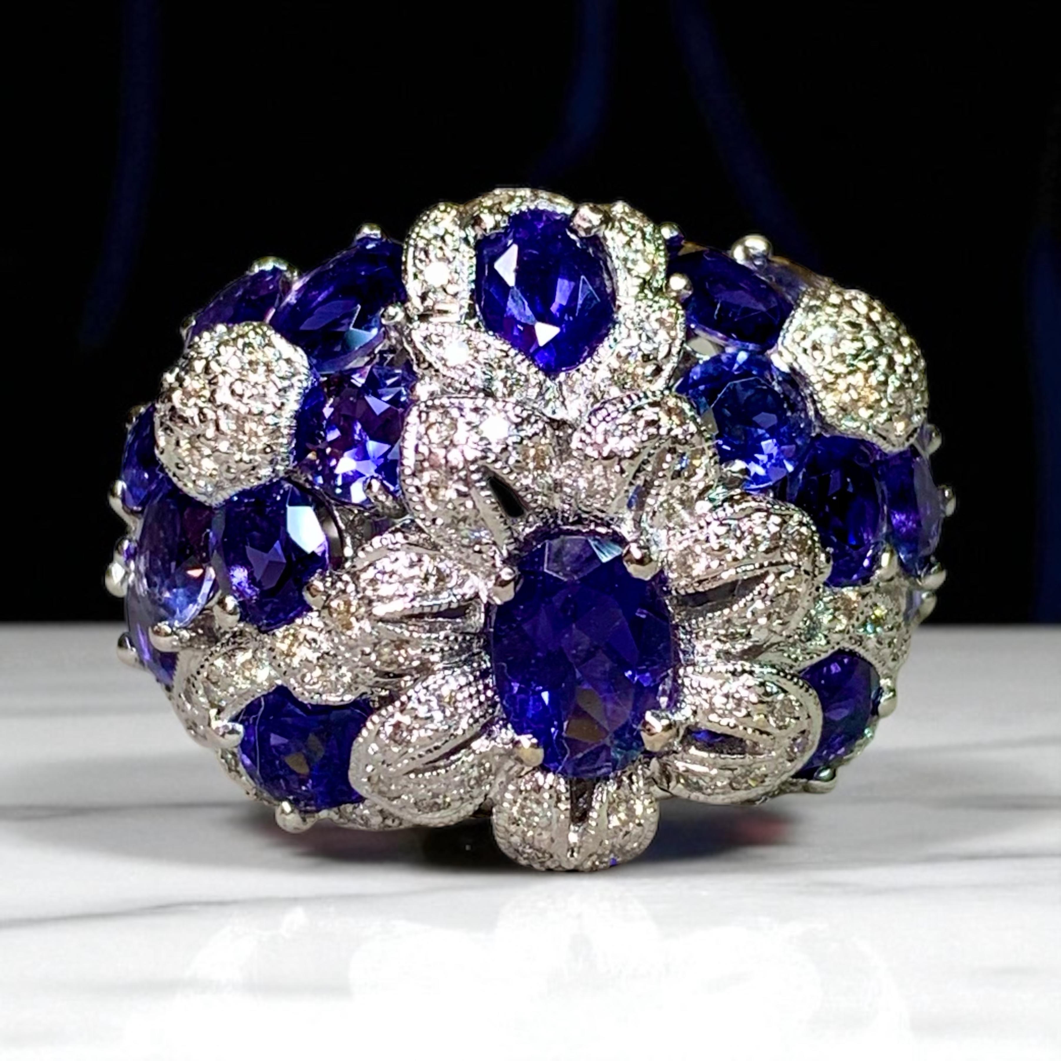 Estate 18K White Gold Tanzanite Diamond Floral Bombe Style Cocktail Ring 6.95ctw For Sale 4