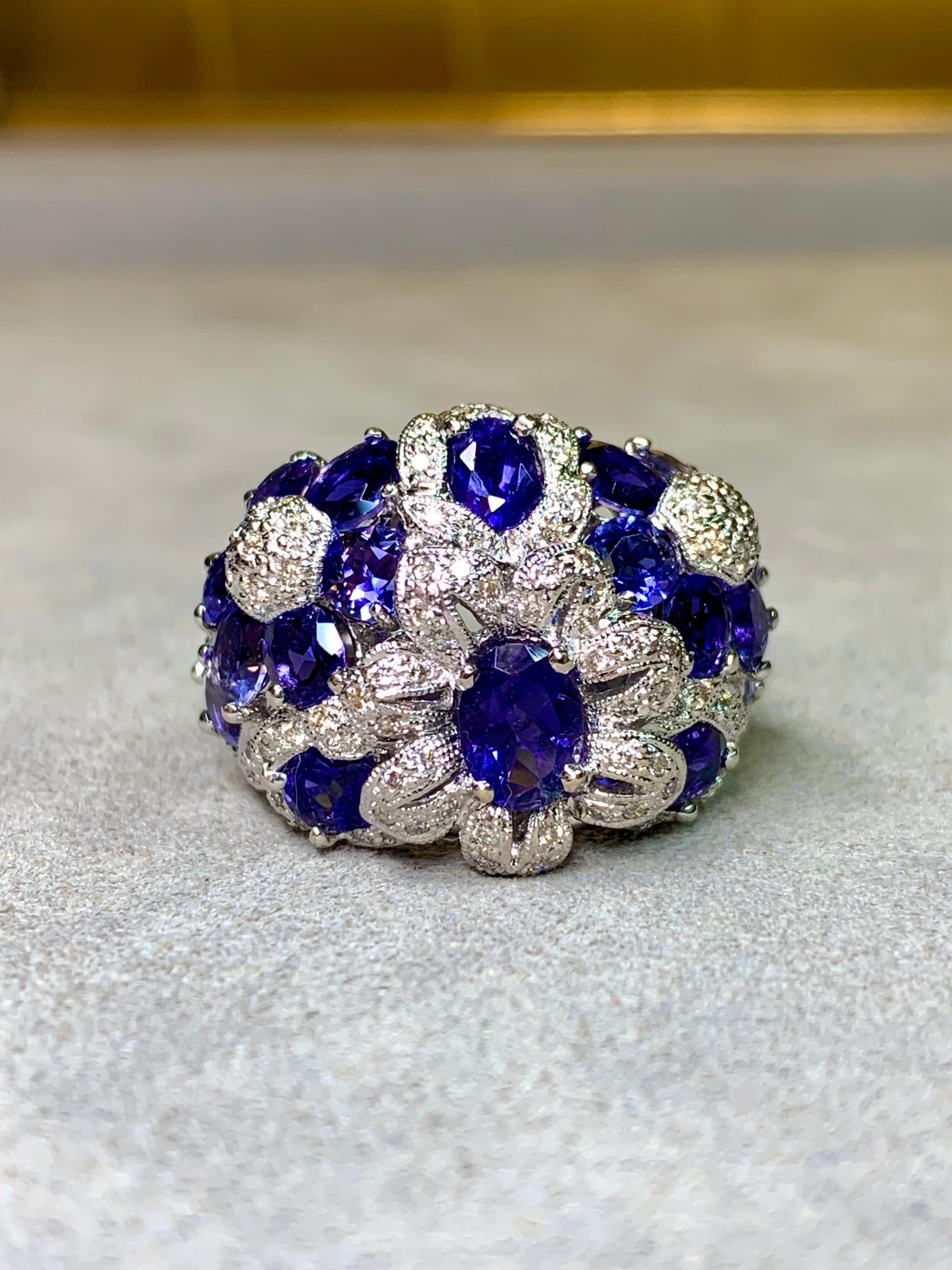 Oval Cut Estate 18K White Gold Tanzanite Diamond Floral Bombe Style Cocktail Ring 6.95ctw For Sale