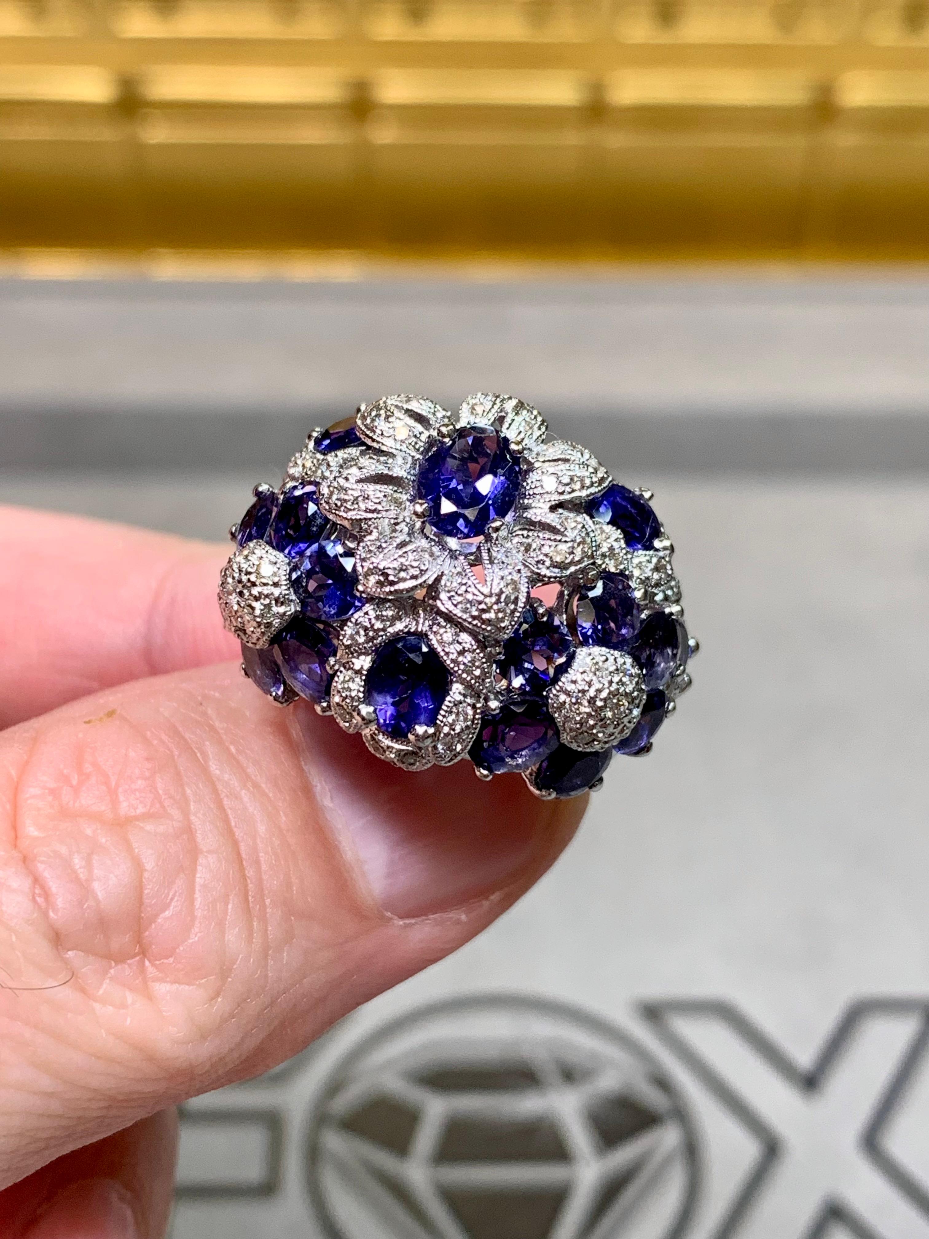 Estate 18K White Gold Tanzanite Diamond Floral Bombe Style Cocktail Ring 6.95ctw In Excellent Condition For Sale In Winter Springs, FL
