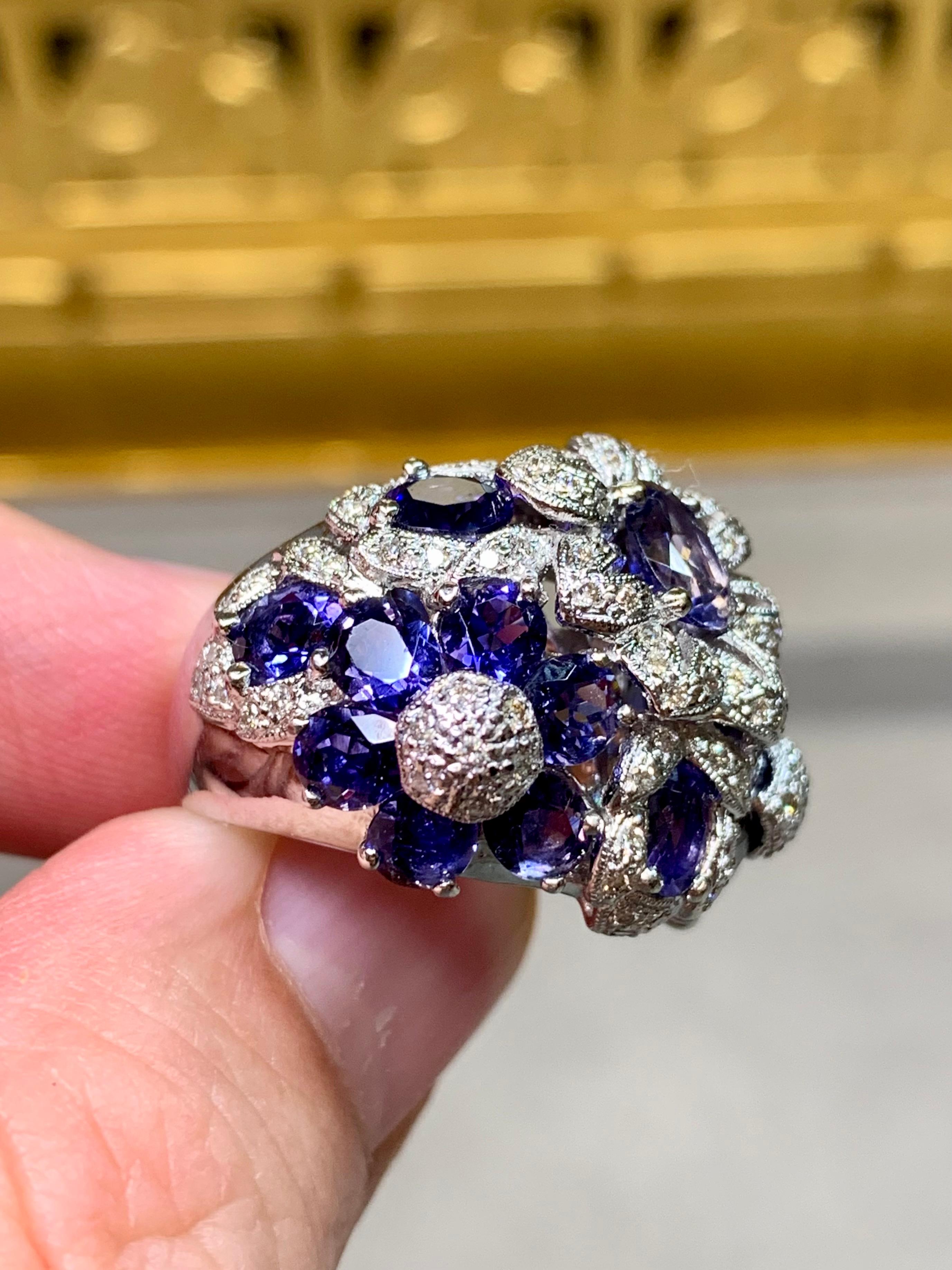 Women's or Men's Estate 18K White Gold Tanzanite Diamond Floral Bombe Style Cocktail Ring 6.95ctw For Sale