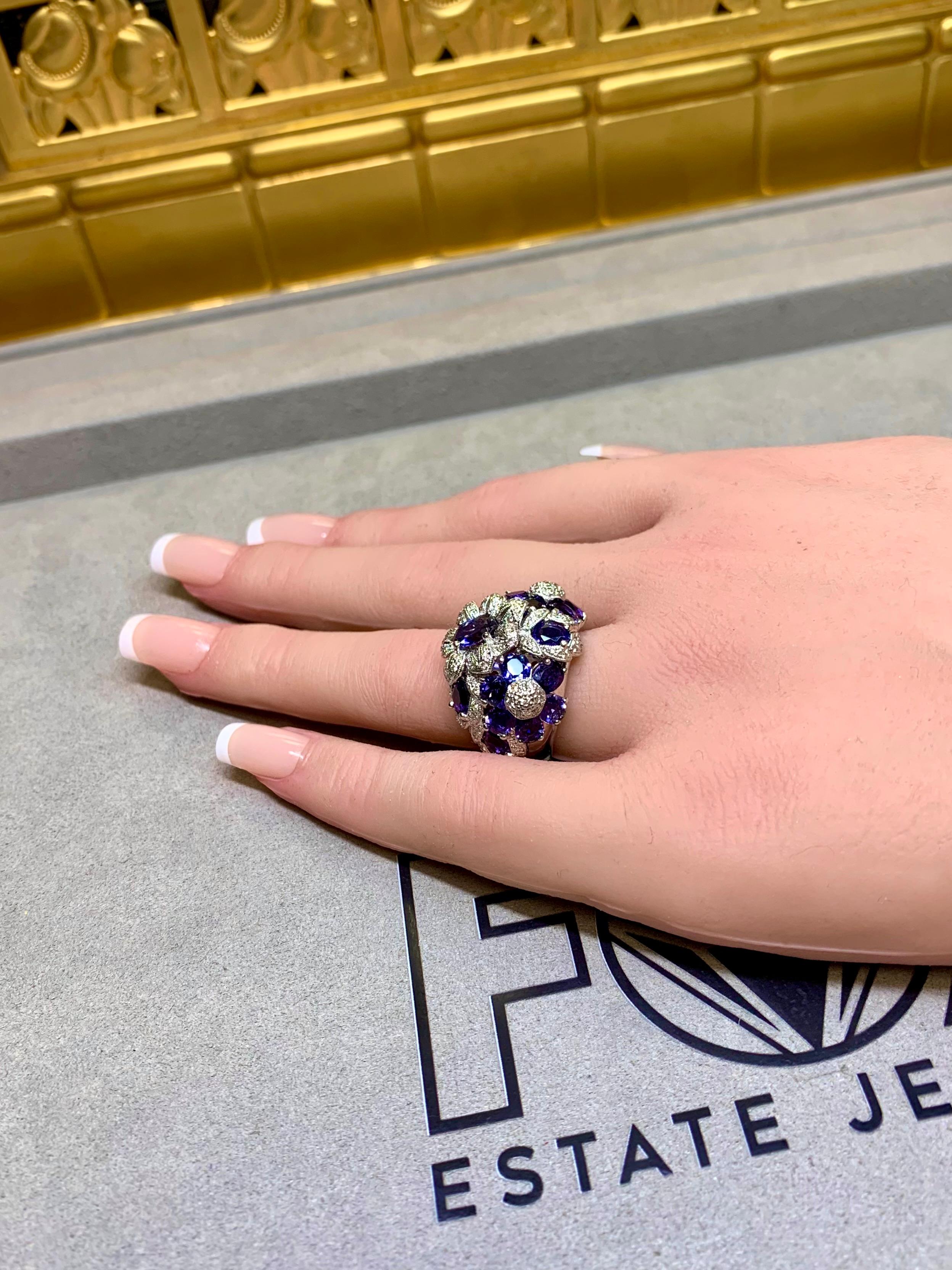 Estate 18K White Gold Tanzanite Diamond Floral Bombe Style Cocktail Ring 6.95ctw For Sale 2