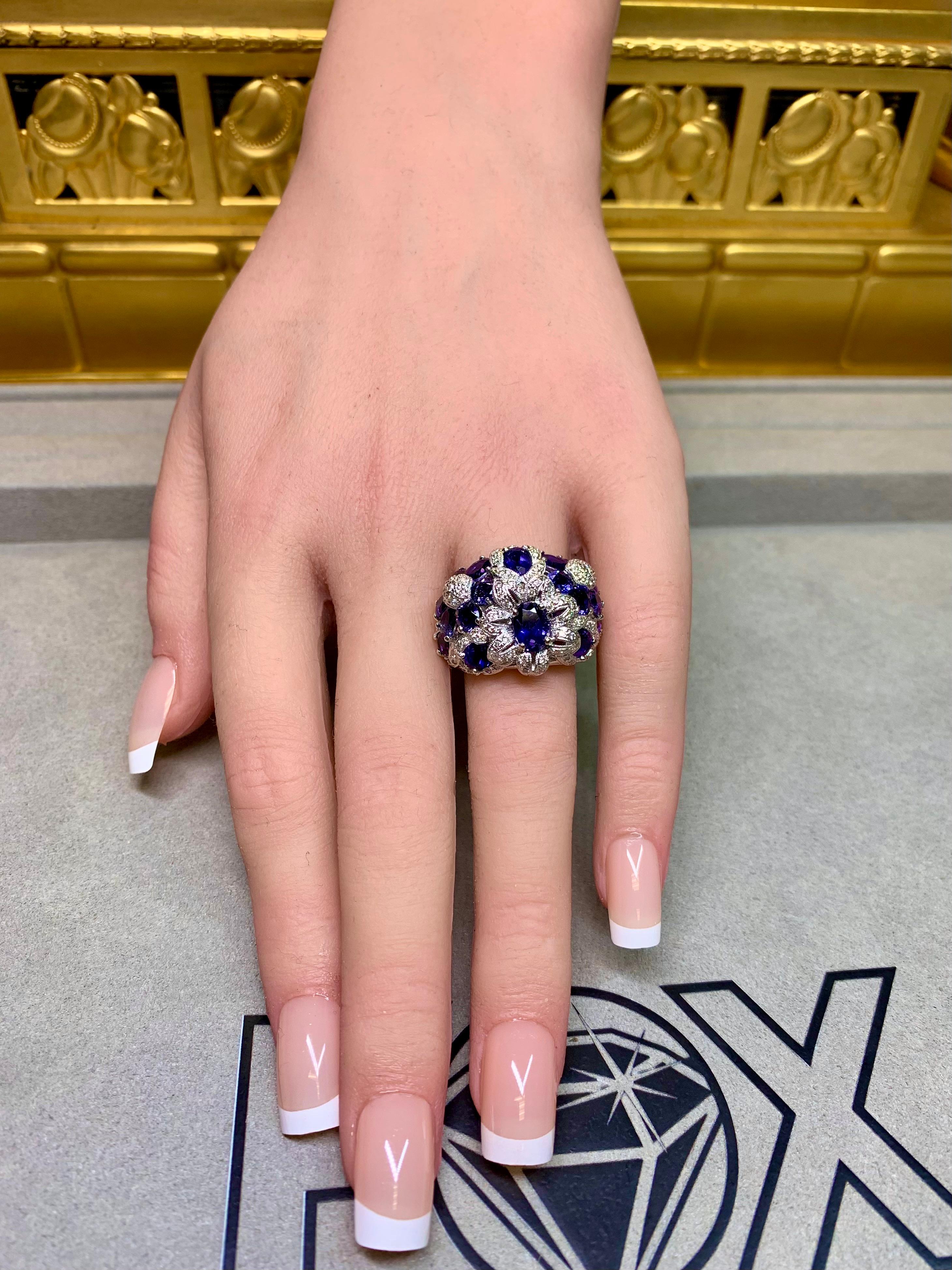 Estate 18K White Gold Tanzanite Diamond Floral Bombe Style Cocktail Ring 6.95ctw For Sale 3