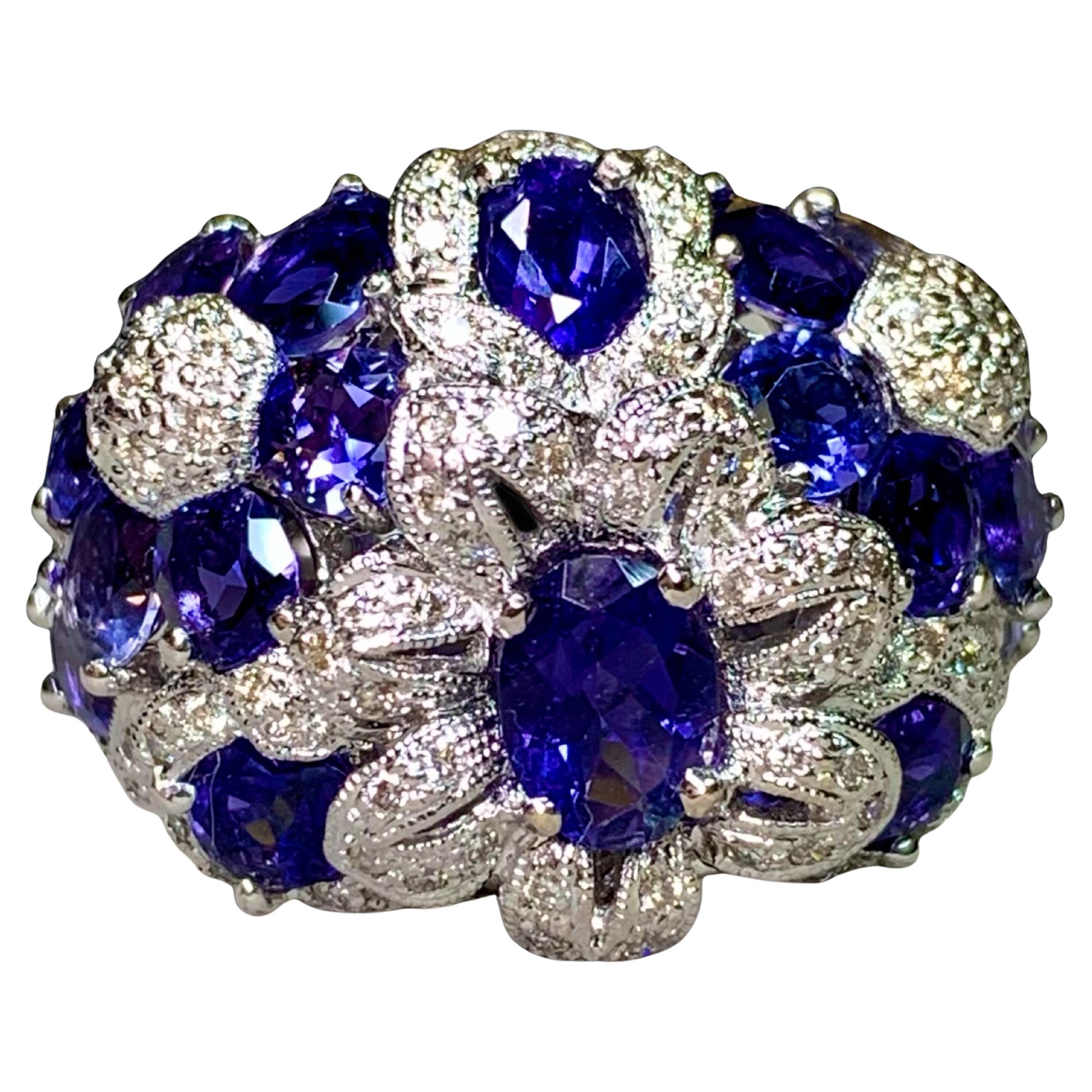 Estate 18K White Gold Tanzanite Diamond Floral Bombe Style Cocktail Ring 6.95ctw For Sale