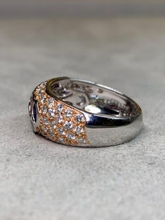 Estate 18K White & Rose Gold Pavé Diamond Ruby Sapphire Feather Band Ring Sz 7.5